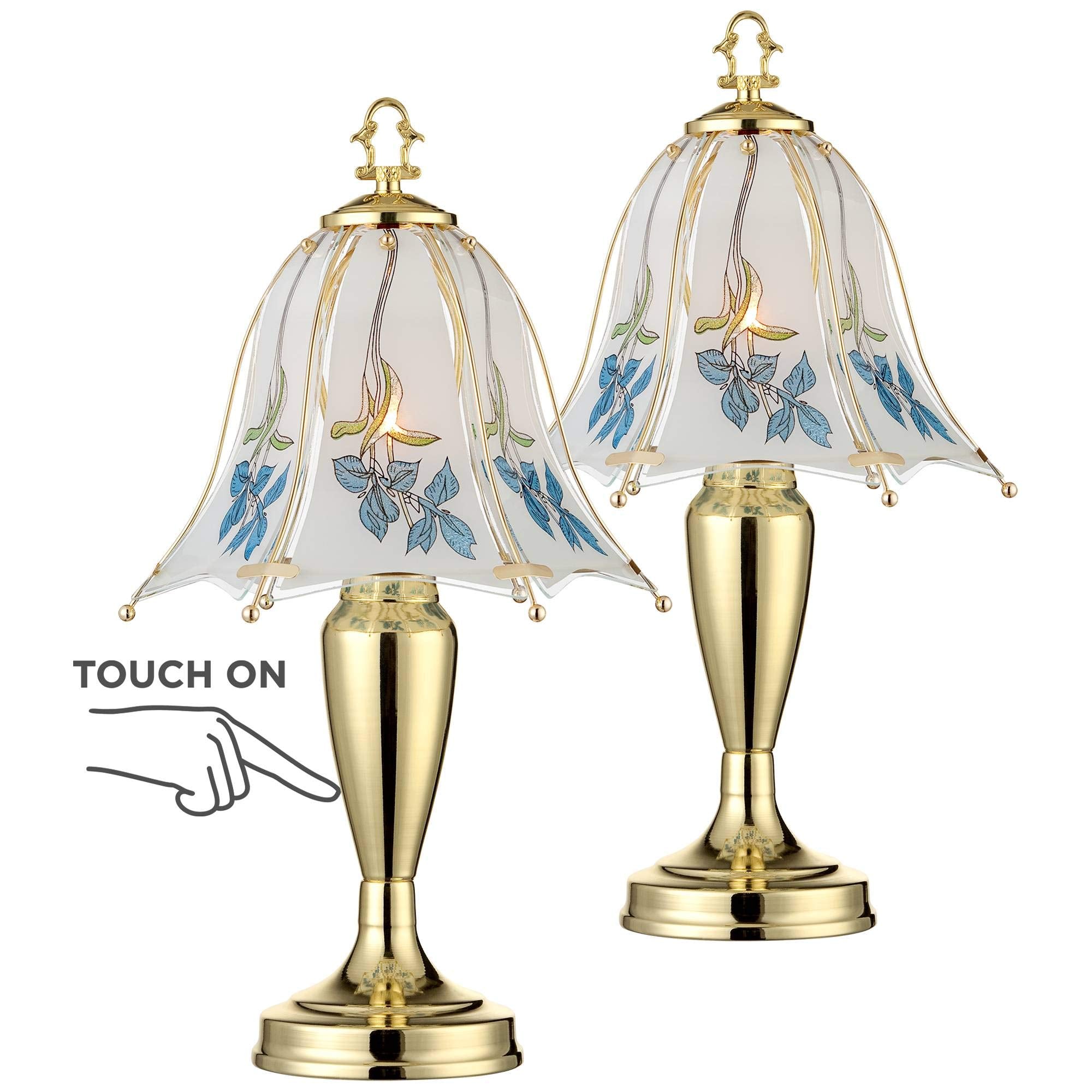 Regency Hill Accent Table Lamps Set of 2 - 18" High Blue Flower Glass Shade, Touch On/Off for Living Room, Bedroom, Home Office