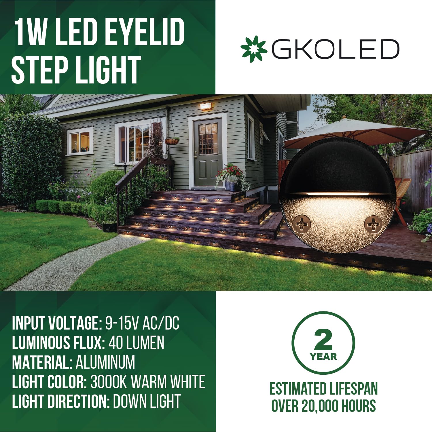 GKOLED 8-Pack Low Voltage LED Deck Lights, Mini Eyelid Step Lights, 0.8W, IP65 Waterproof, 3000K, Die-cast Aluminum, Black Finish