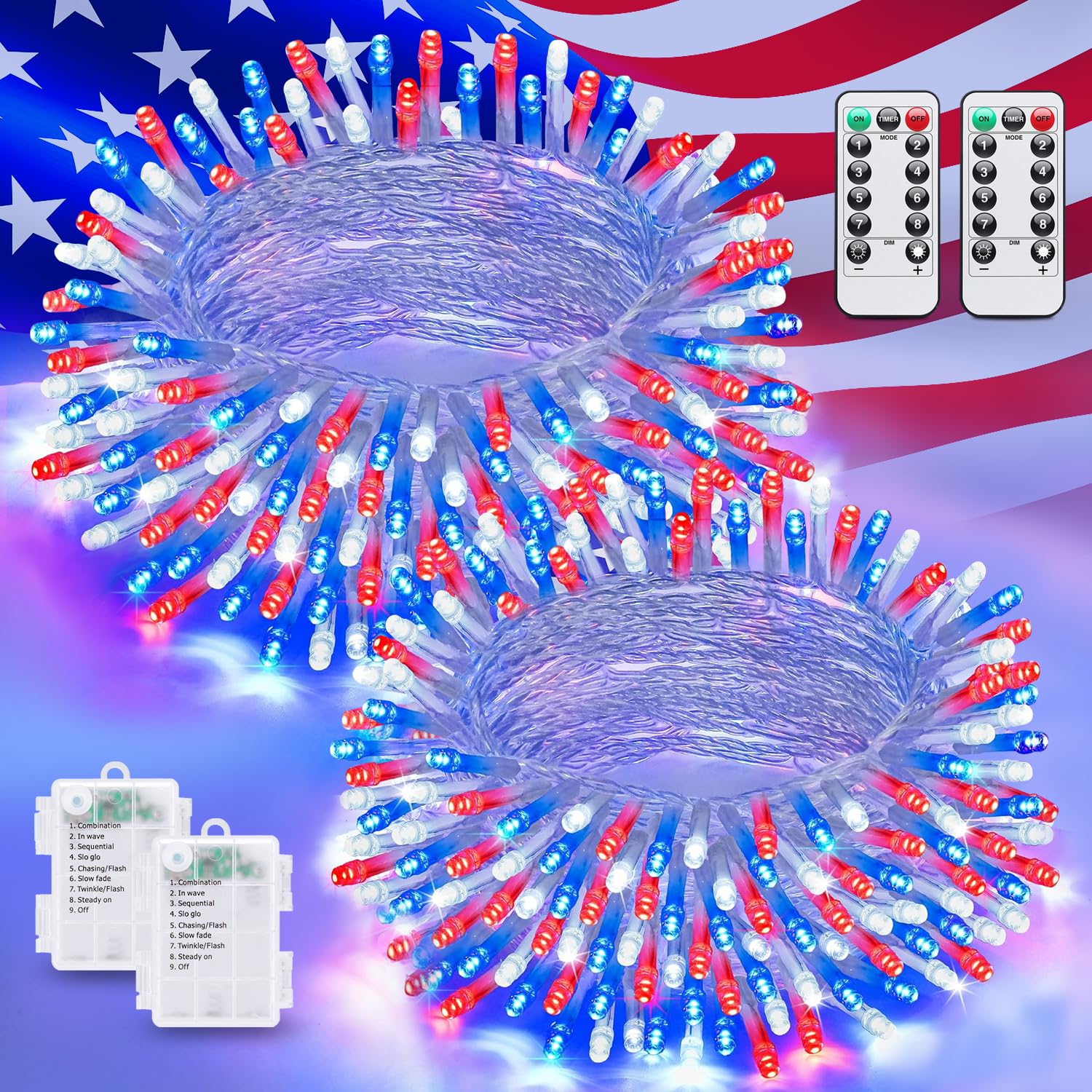JMEXSUSS 2 Pack Outdoor LED Lights, 33ft 100 Lights, 8 Modes, Battery Operated, Red White Blue, Patriotic Decorations for Independence Day