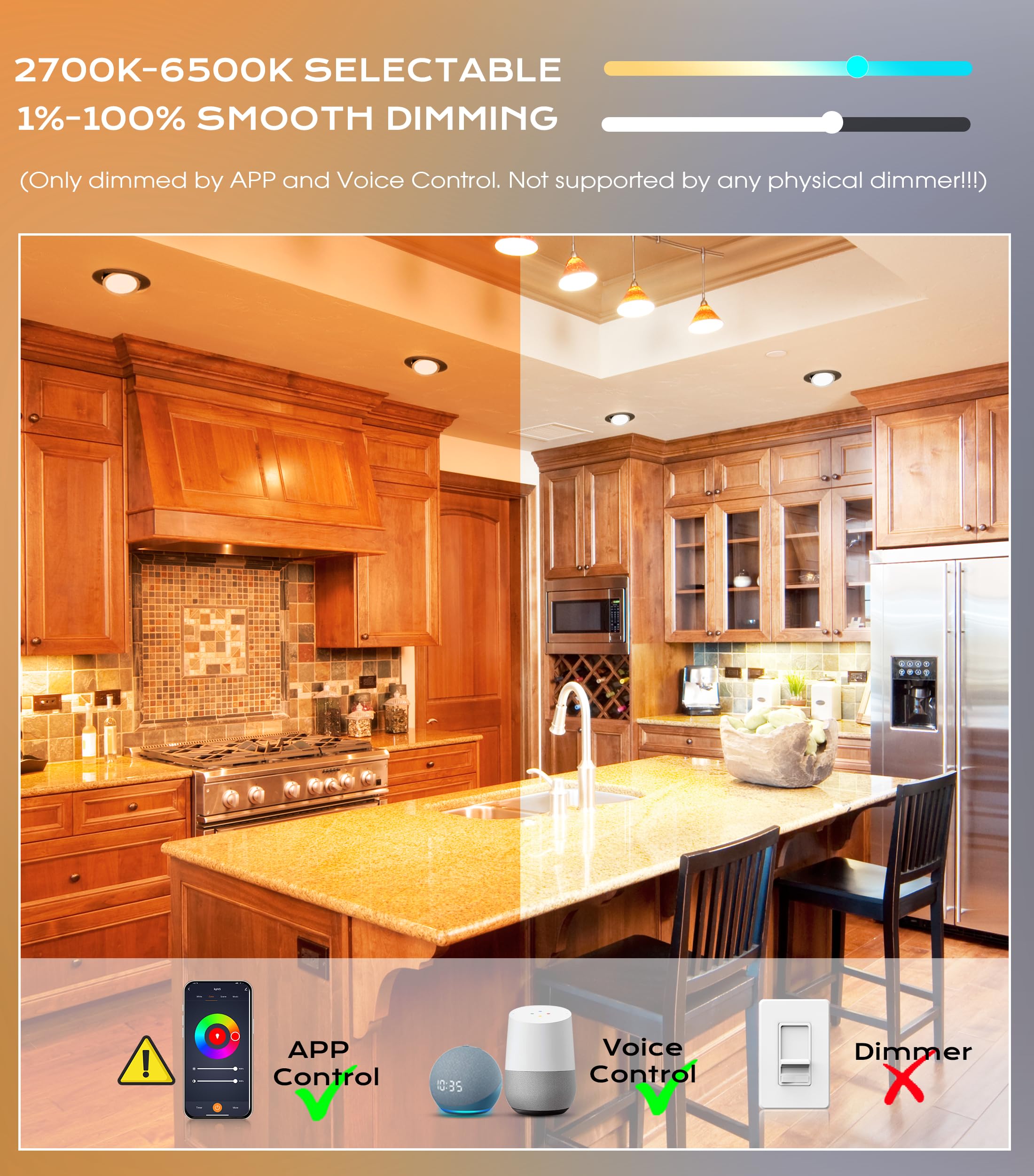 Cloudy Bay [4 Pack] 6 Inch Gimbal Smart Wifi Led Recessed Lights,Rgbcw Color Changing,Compatible With Alexa And Google Home Assi