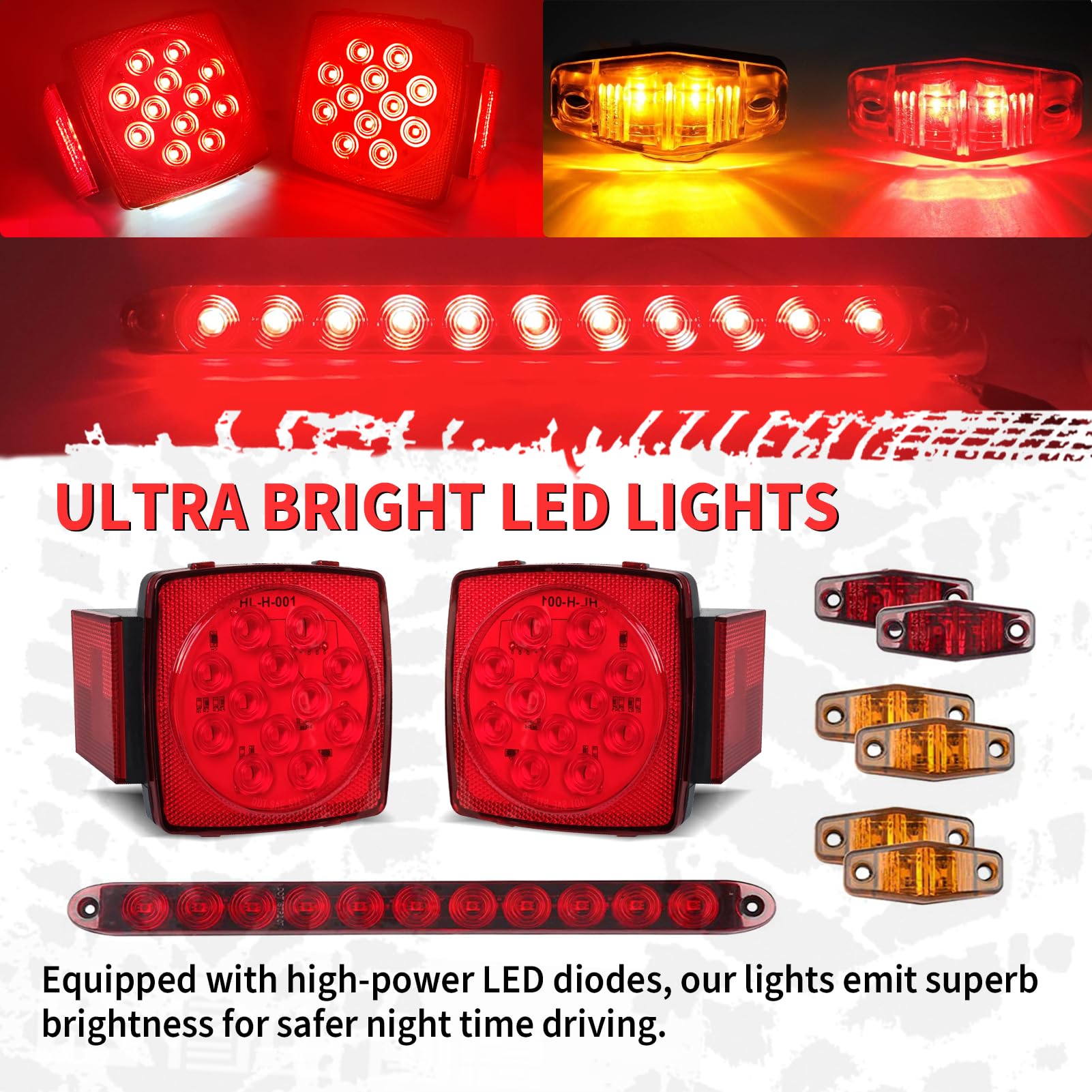 Liloom Complete Led Trailer Light Kit - Submersible Boat Led Lights With Square Tail Lights, Marker Lights, Brake Light Bar, Wiring Harness - Ideal For Trailers, Trucks, Boats