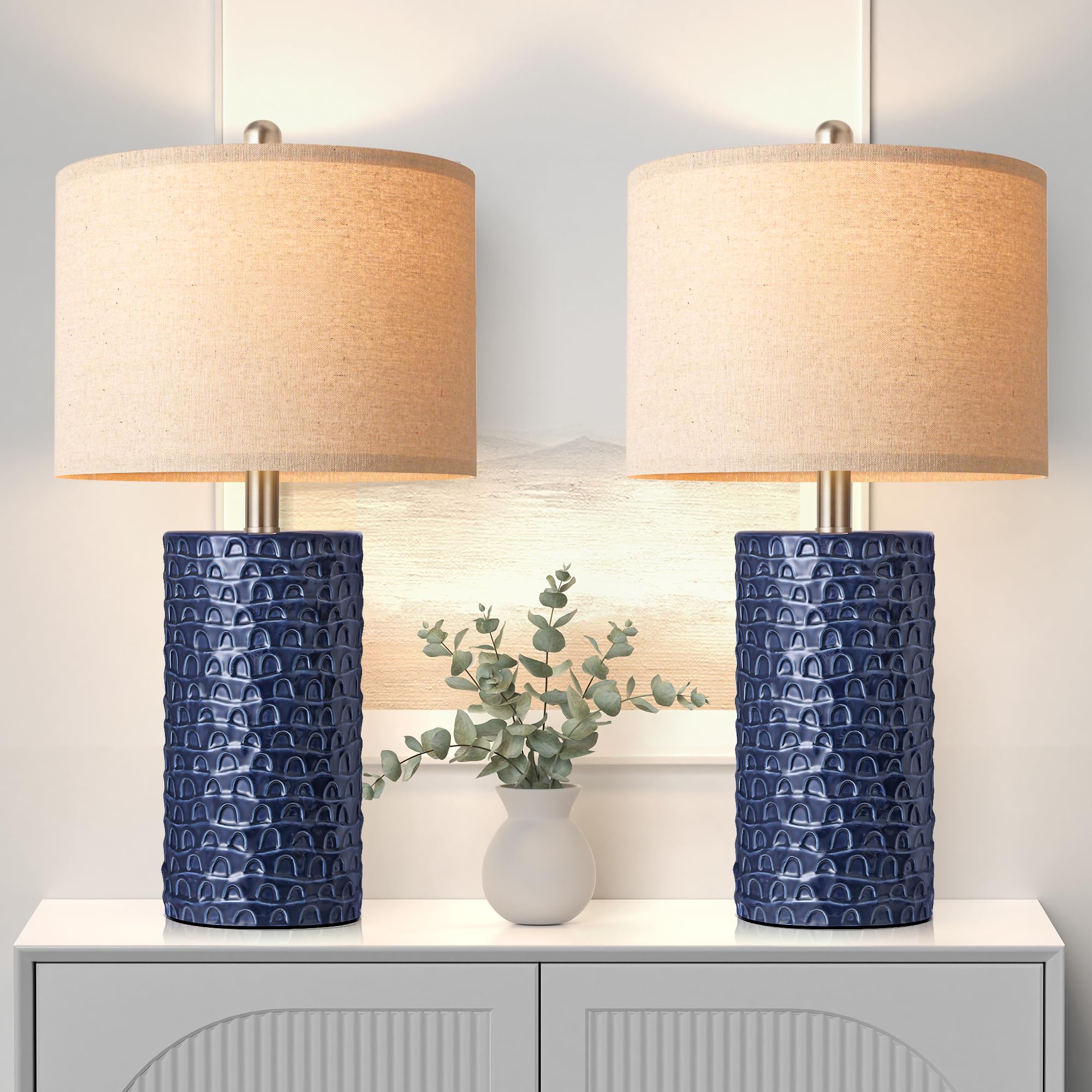 PARTPHONER Table Lamp Set of 2, Rustic Farmhouse Design, Navy Blue, Model STR-DL-0005, Ideal for Living Room or Bedroom Decor