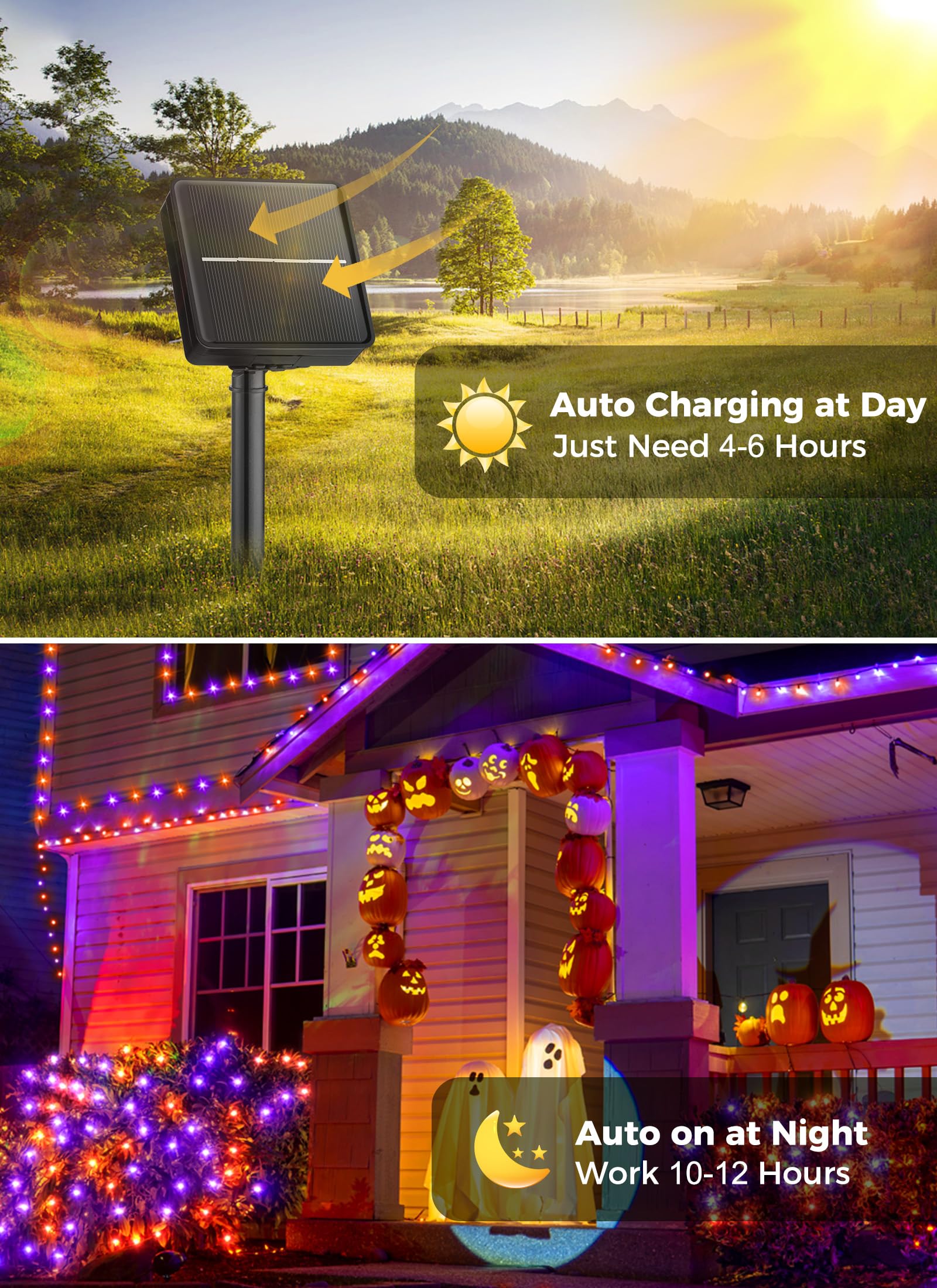 Minetom Halloween Solar String Lights - 400 LED, 8 Lighting Modes, IP65 Waterproof, 40 FT 4 Pack, Orange and Purple