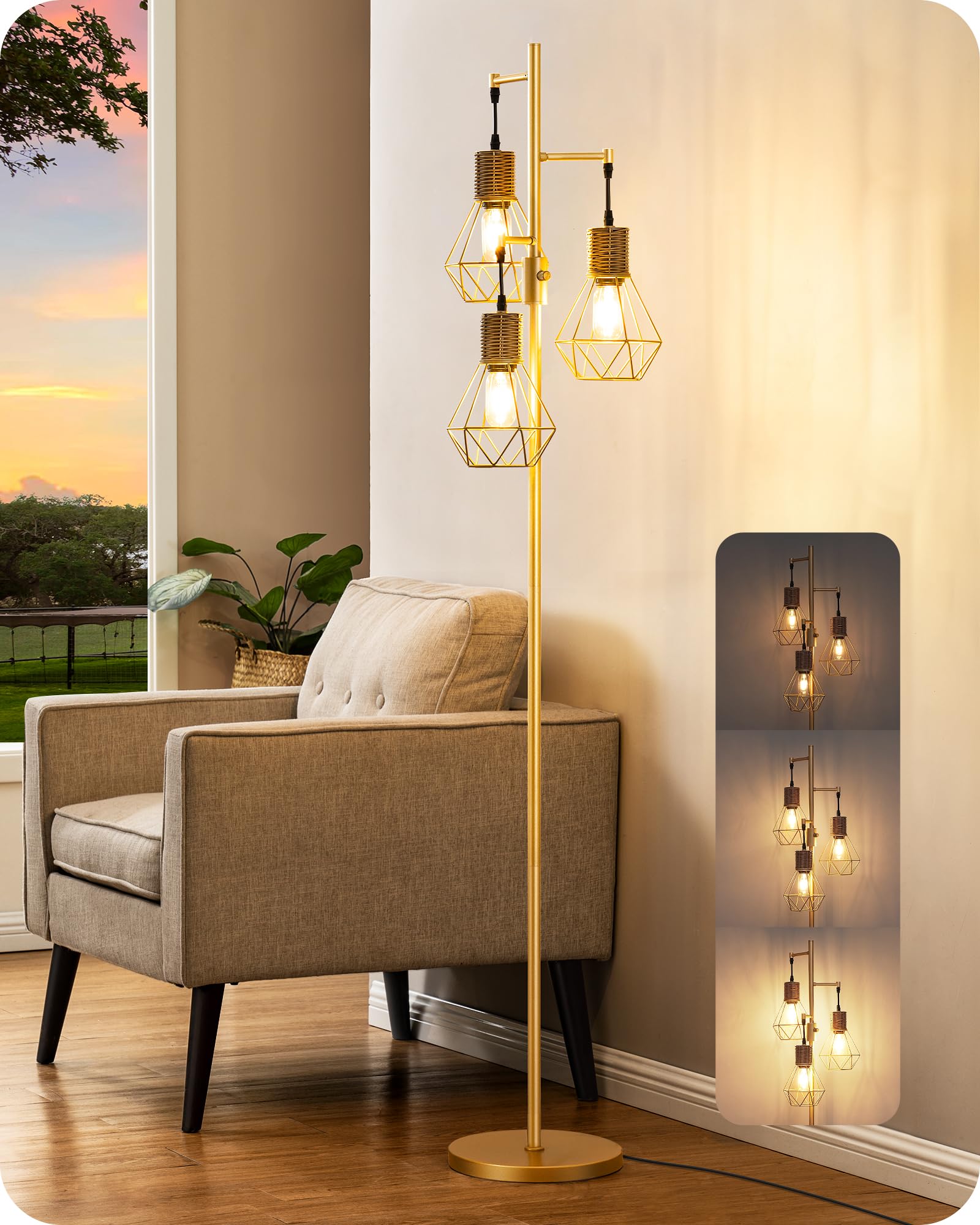 EDISHINE Dimmable Industrial Floor Lamp, Farmhouse Standing Lamp for Living Room with 3 LED Edison Bulbs, Diamond-Shaped Cage, C
