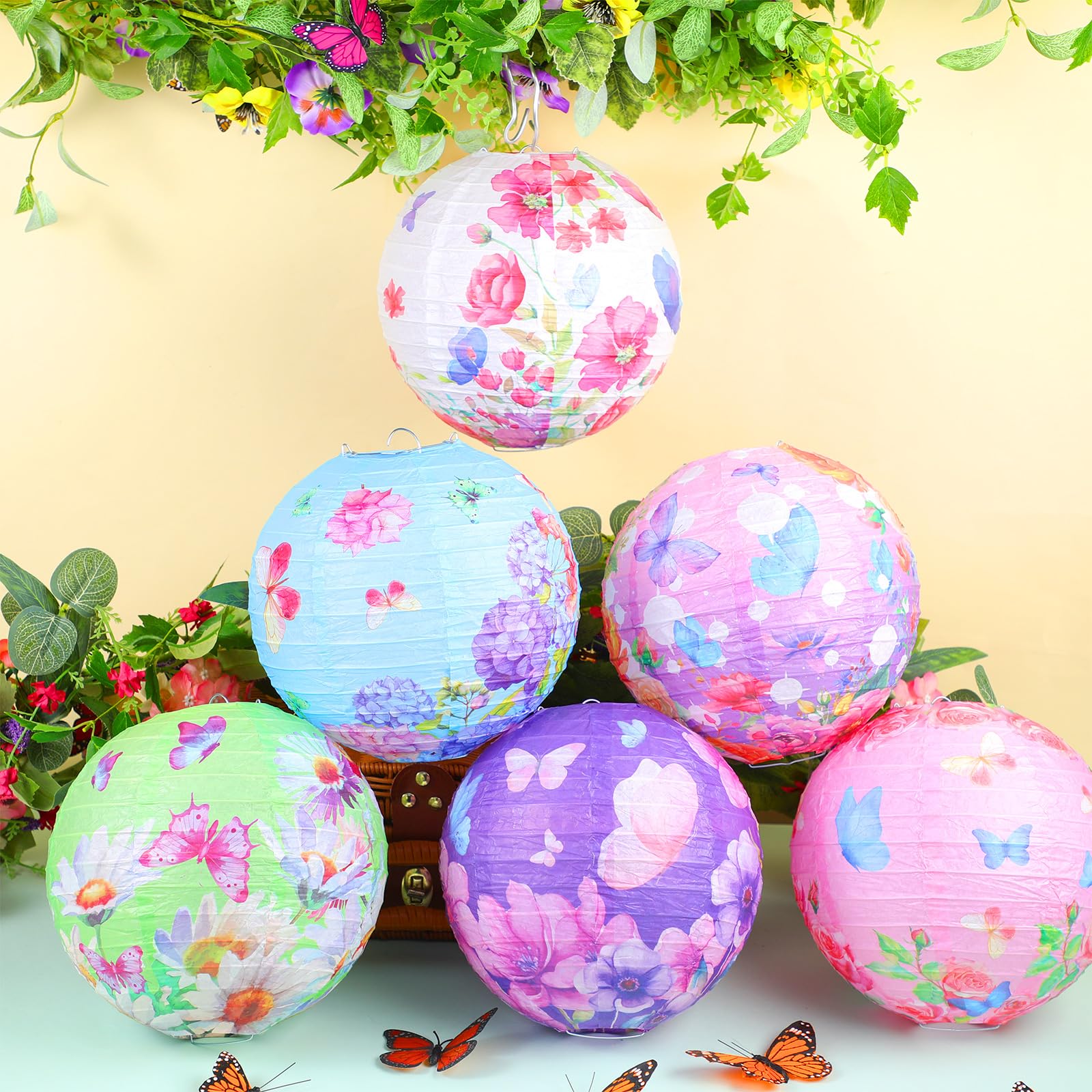 Panelee 12 Pcs Butterfly Floral Paper Lanterns Party Decorations 8 Inches Hanging Round Pink Purple Flower Paper Lanterns For Su
