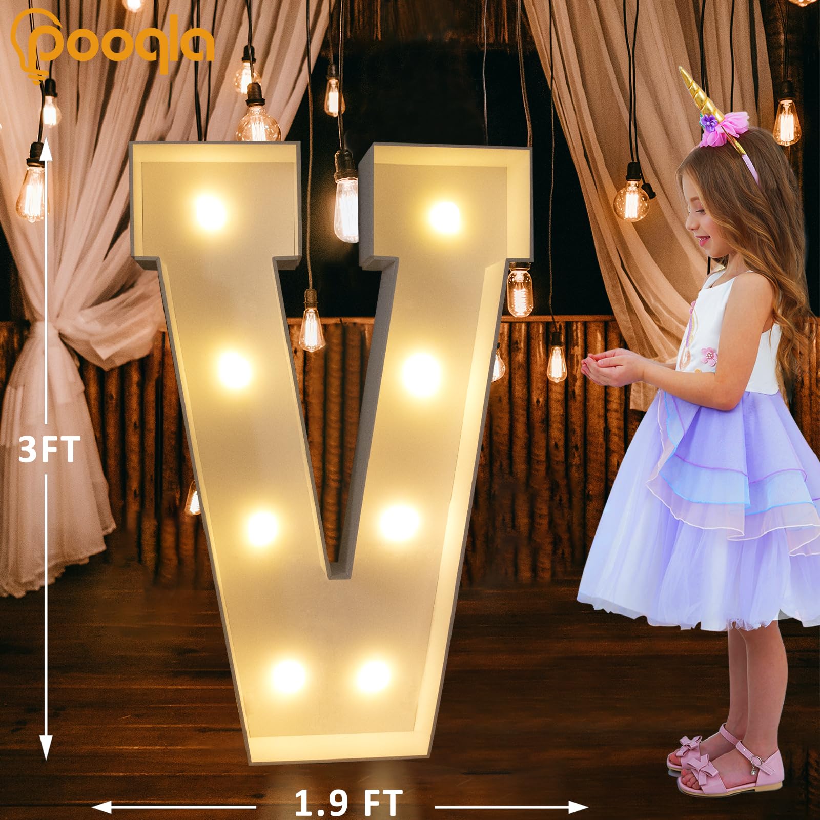 Pooqla 3FT Marquee Light Up Letter V, Warm White & Cool White LED, Decorative Signage for Birthday & Wedding Party Decor