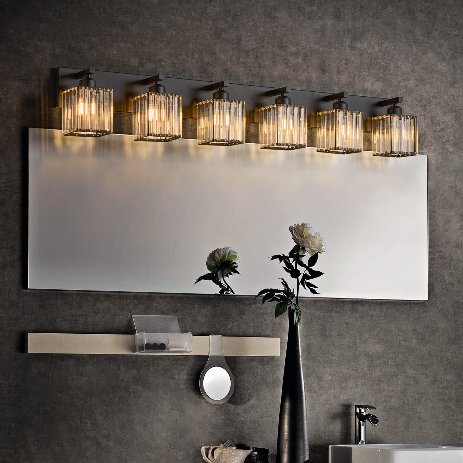 FDPBY Modern Black Crystal Bathroom Vanity Light - 6-Light Metal Wall Fixture, Model JW-002