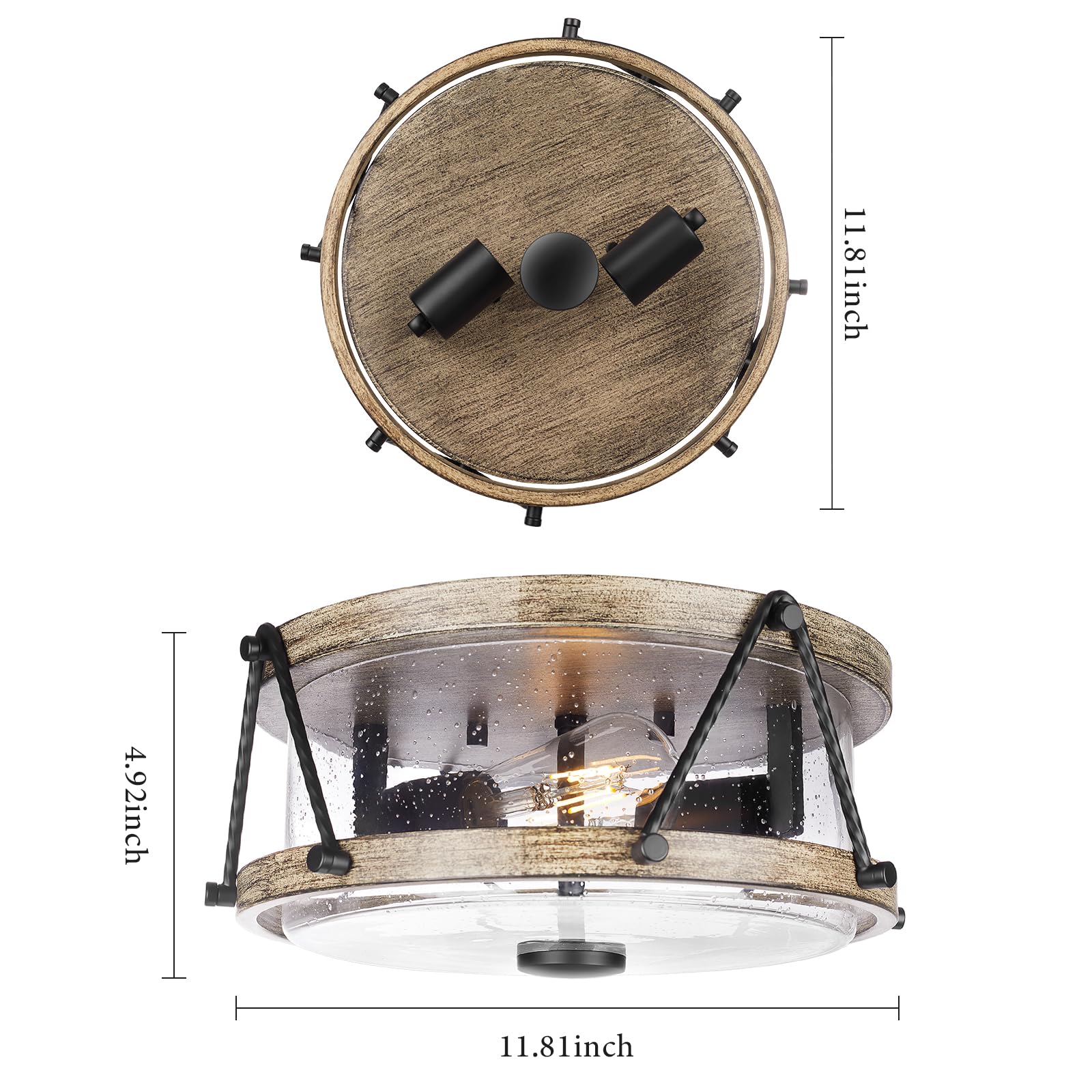 Rosient 12&quot; Flush Mount Ceiling Light, Brown Farmhouse Lamp With Seeded Glass Shade