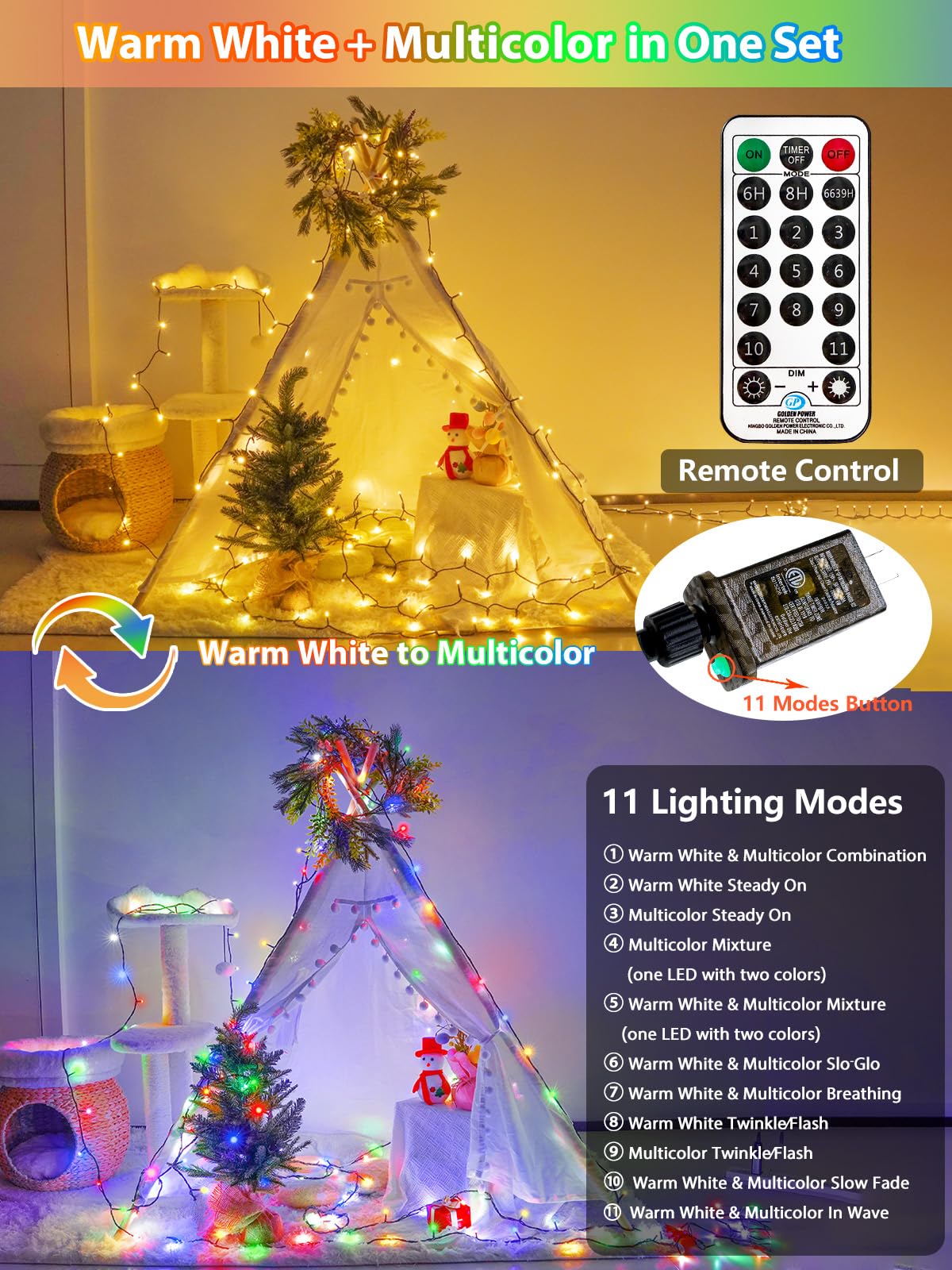 300 Led 99 Ft Color Changing Christmas Lights With Remote And Timer  Fairy String Lights With 11 Lighting Modes & Memory Function Waterproof For Xmas Tree Holiday Party Decor(Warm White & Multicolor)