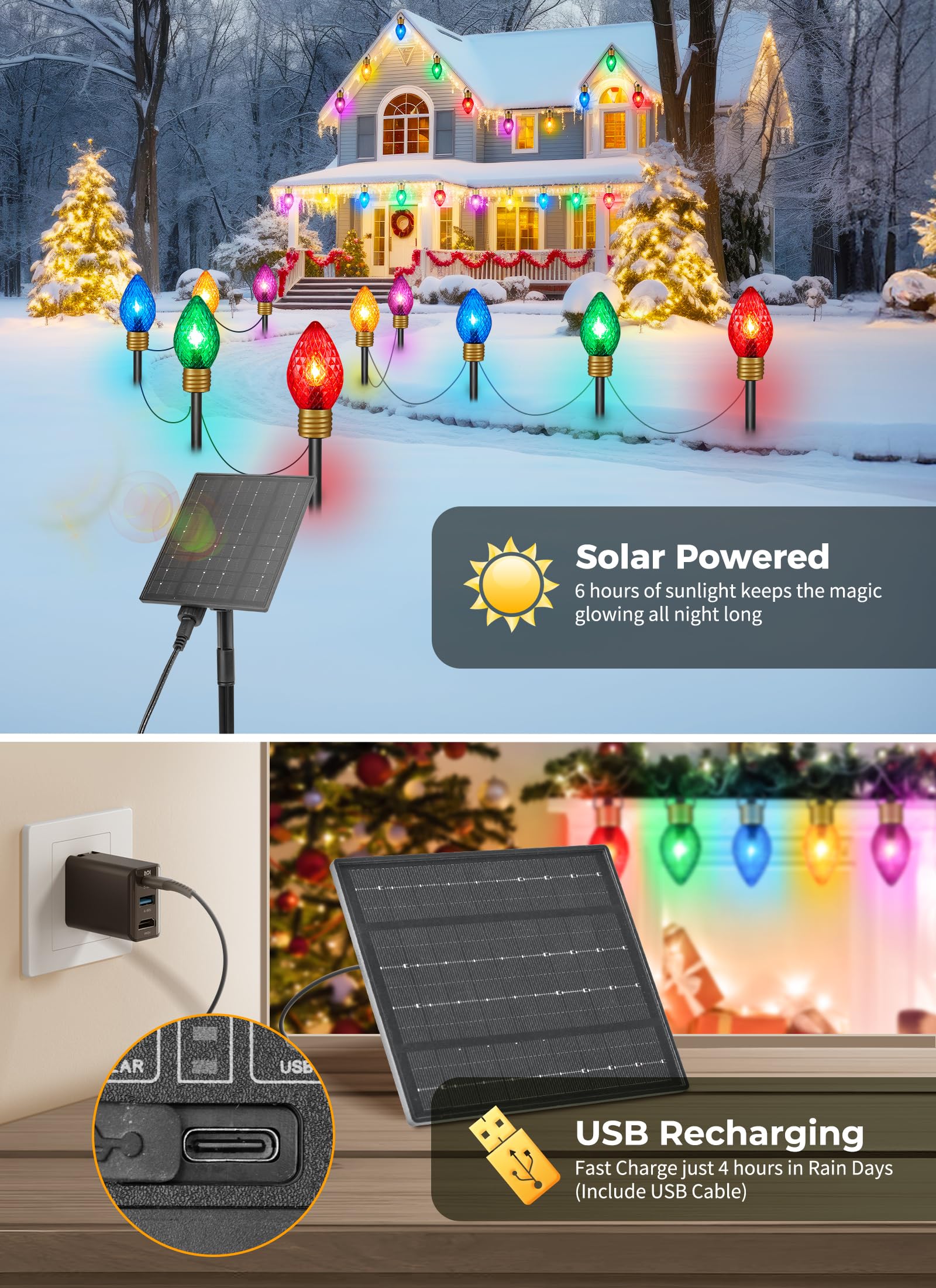 Brightown Solar Strawberry Jumbo Christmas Lights Outdoor - 2 Pack Total 44 Ft 20 Led Jumbo C9 Christmas Pathway Lights With Tim