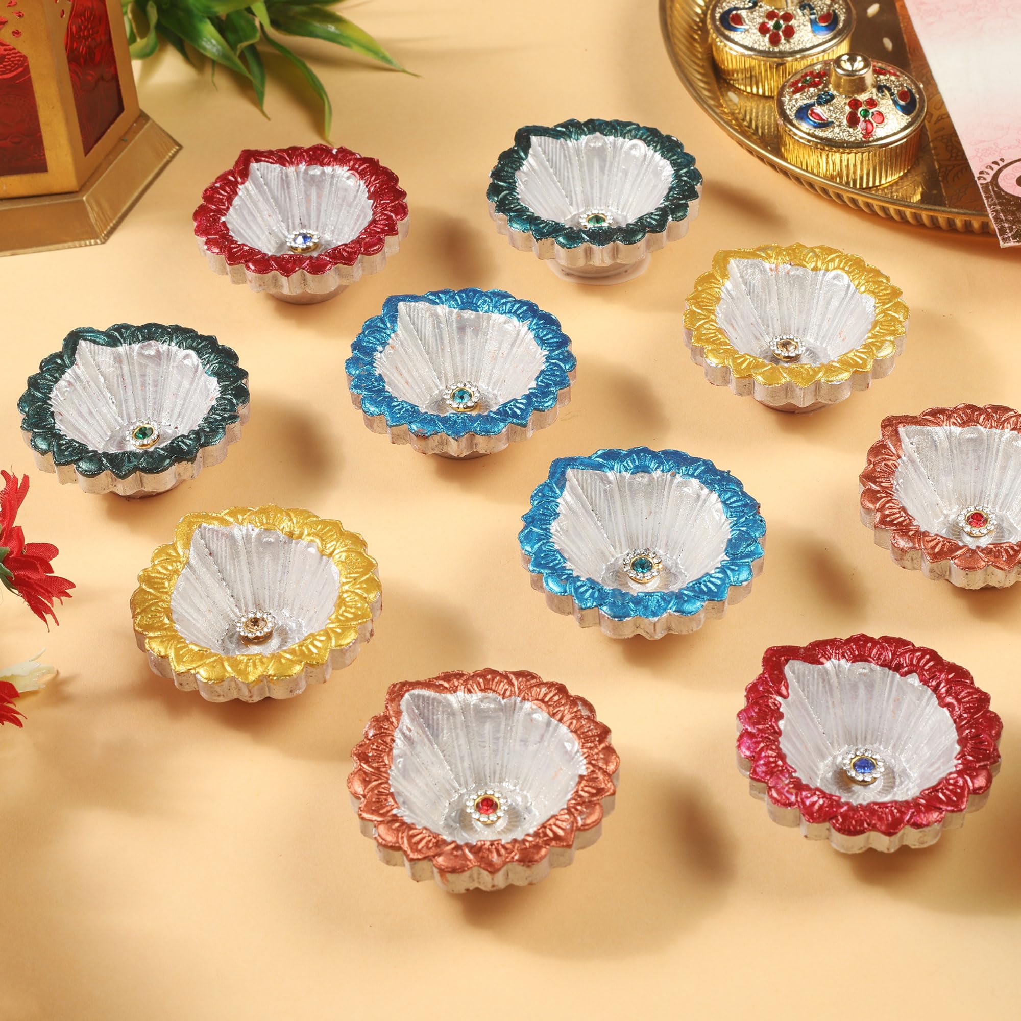 KSJONE 30 Pcs Hand Painted Diwali Decoration Diwali Clay Diya with Cotton Wicks Oil Lamp Indian Festive Home Decoration Traditio