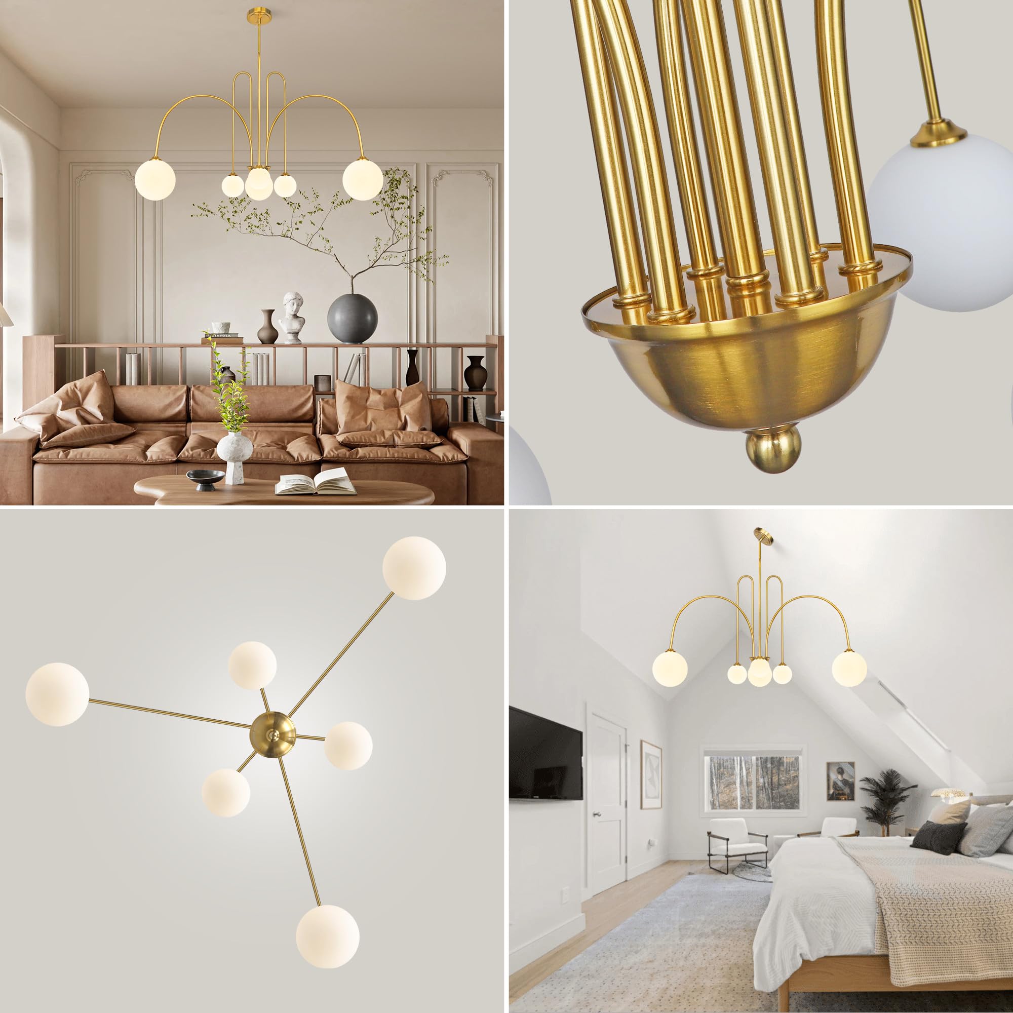 Kveosv Gold Sputnik Chandelier,6 Lights Mid Century Chandelier For Dining Room Light Fixtures Over Table Large, L49    Ceiling P