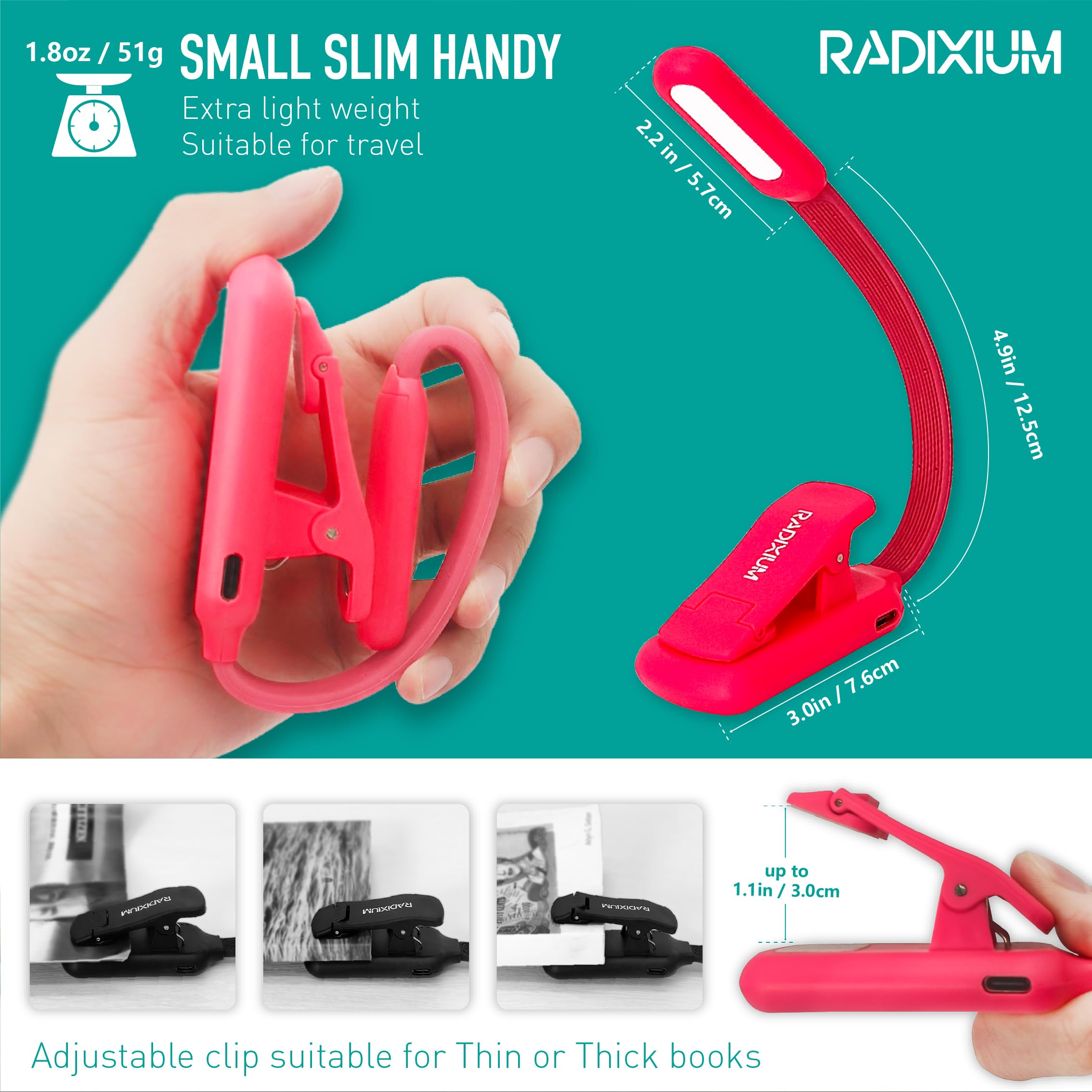 RADIXIUM Rechargeable Book Reading Light, 9 LED, 9 Color Temperatures, Stepless Dimming, Clip-On, Pink, Model AI4800BM