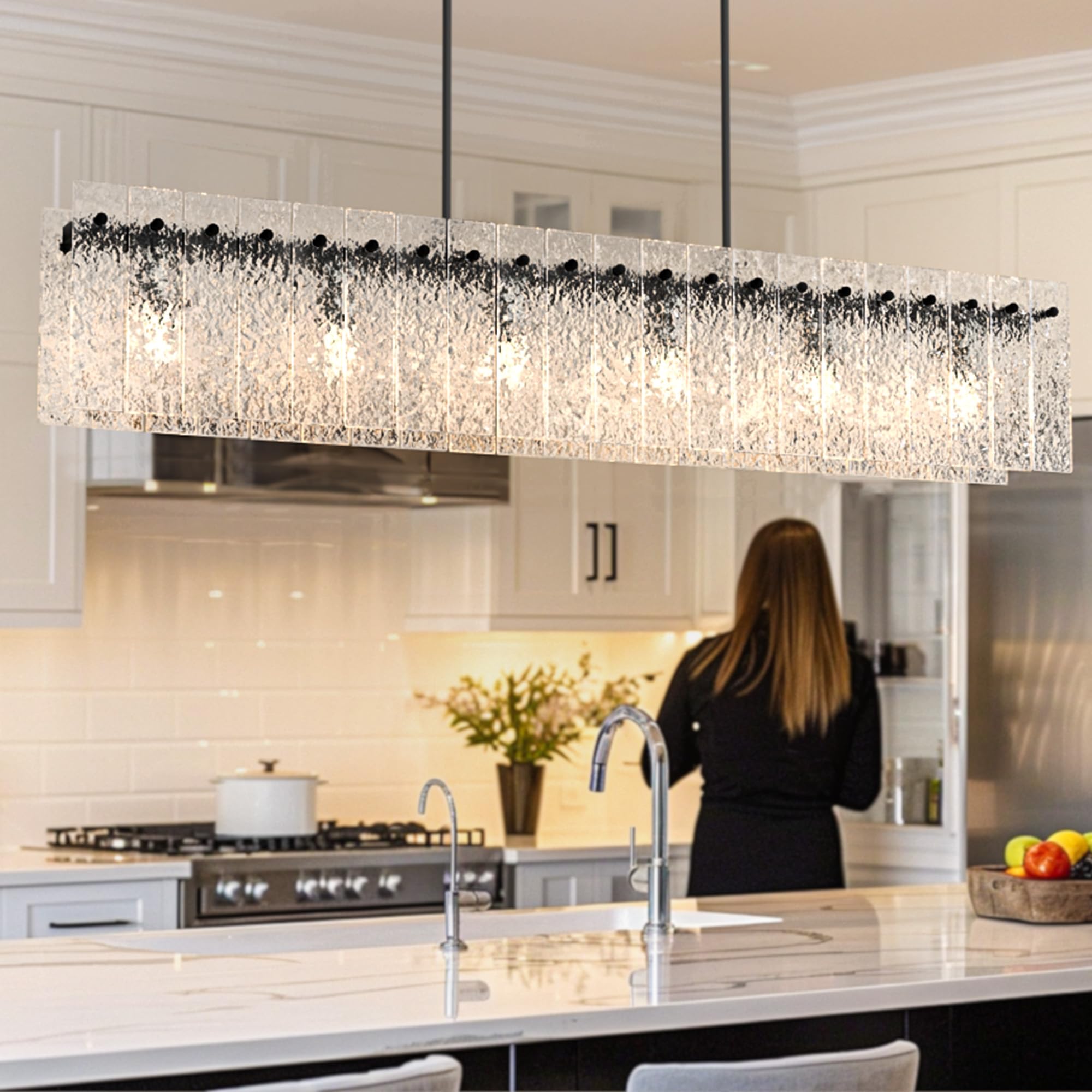Danshinro 4FT Black Chandelier - Linear Crystal Design, Metal, Fits MAX 60W E26 Bulbs, L22 Model, Water Ripple Glass, 42pcs Glass Sheet