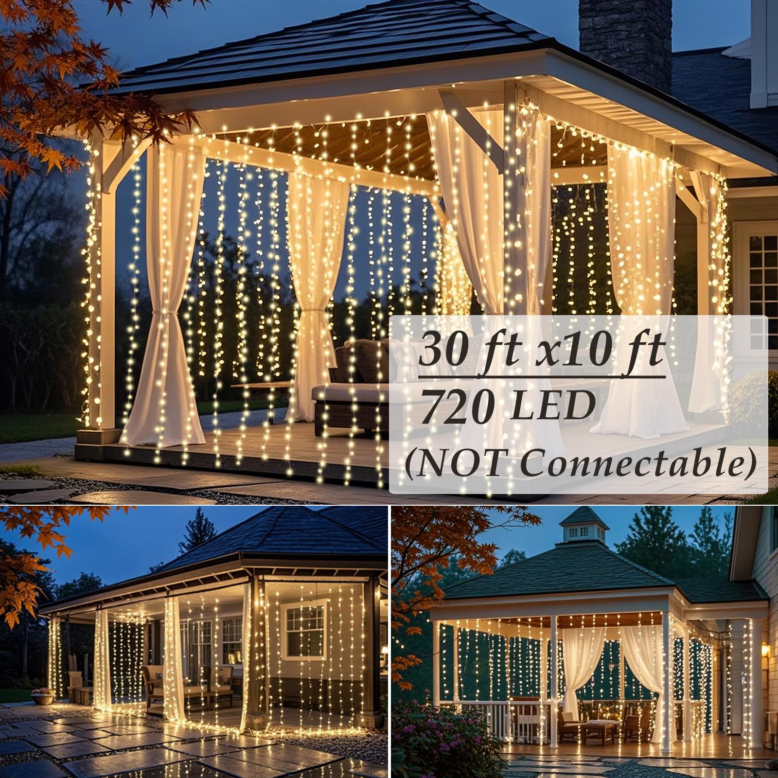Solhice LED Curtain Lights 30ft x 10ft Warm White Indoor Outdoor Twinkle String Lights