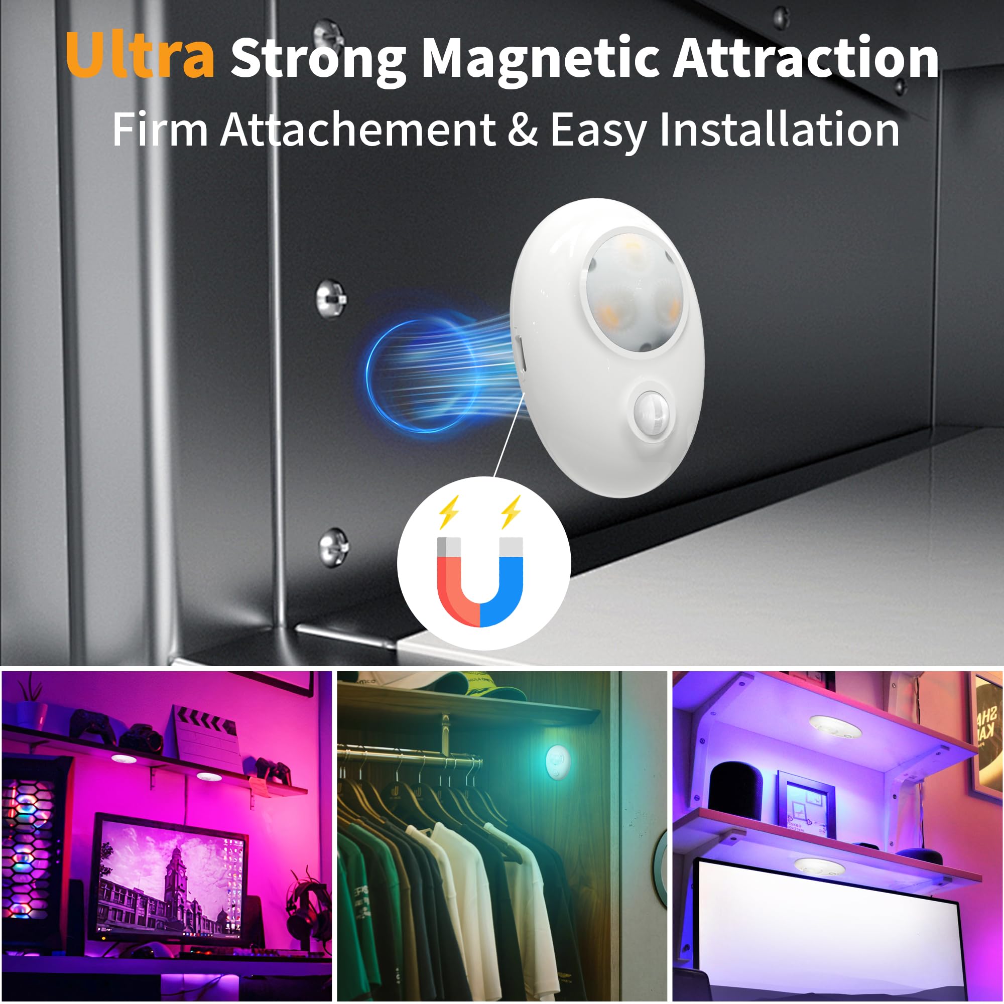 LIGHTULIFE Night Light - Remote Control, Motion Activated, 12 Color Dimmable, USB Rechargeable, Magnetic LED, Model DIR03EY, White
