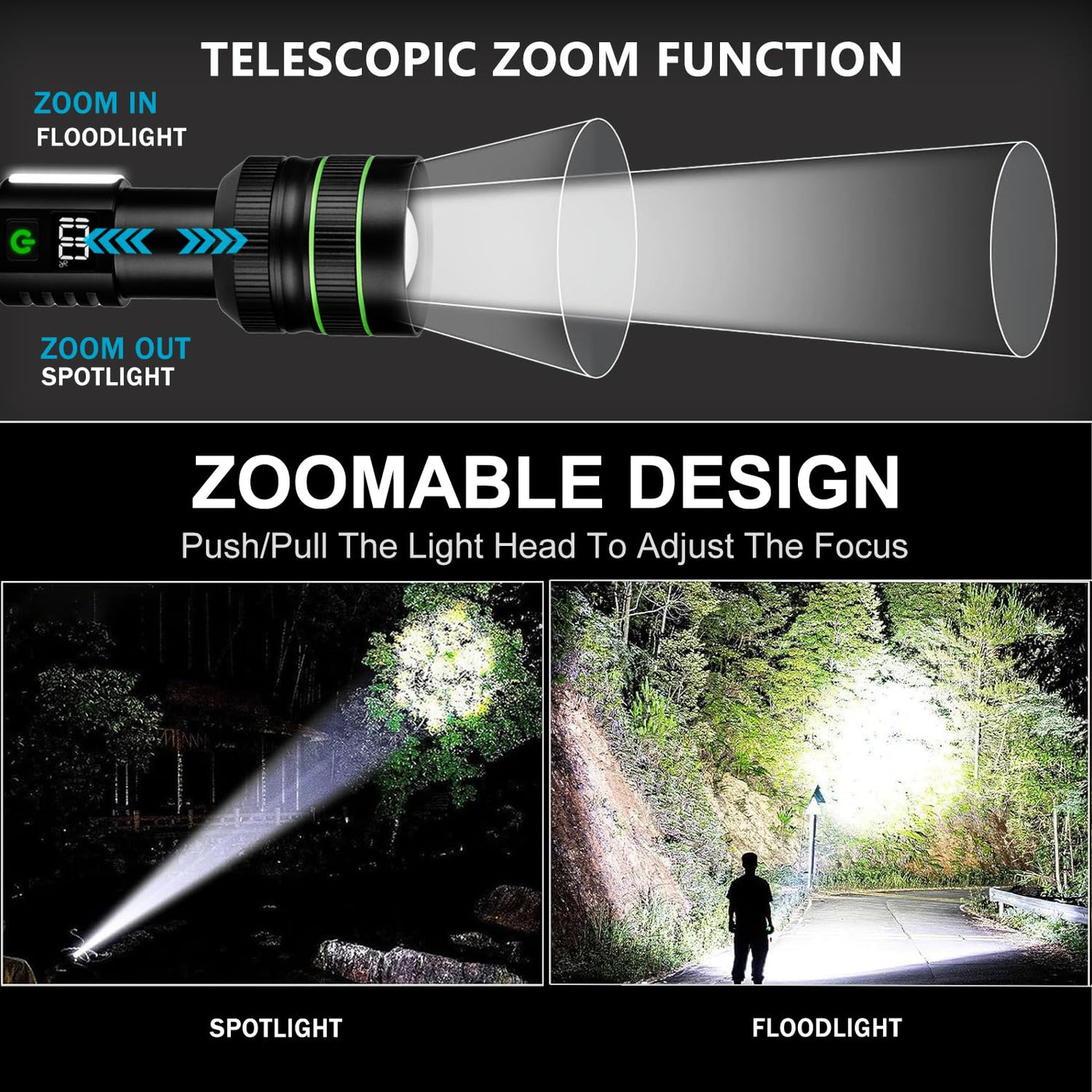 9000 lumen flashlight rechargeable KZK 9000 Lumens Rechargeable Flashlight, Waterproof, Zoomable, Alloy Steel, D6(US), Black, 11 Light Modes for Home & Camping