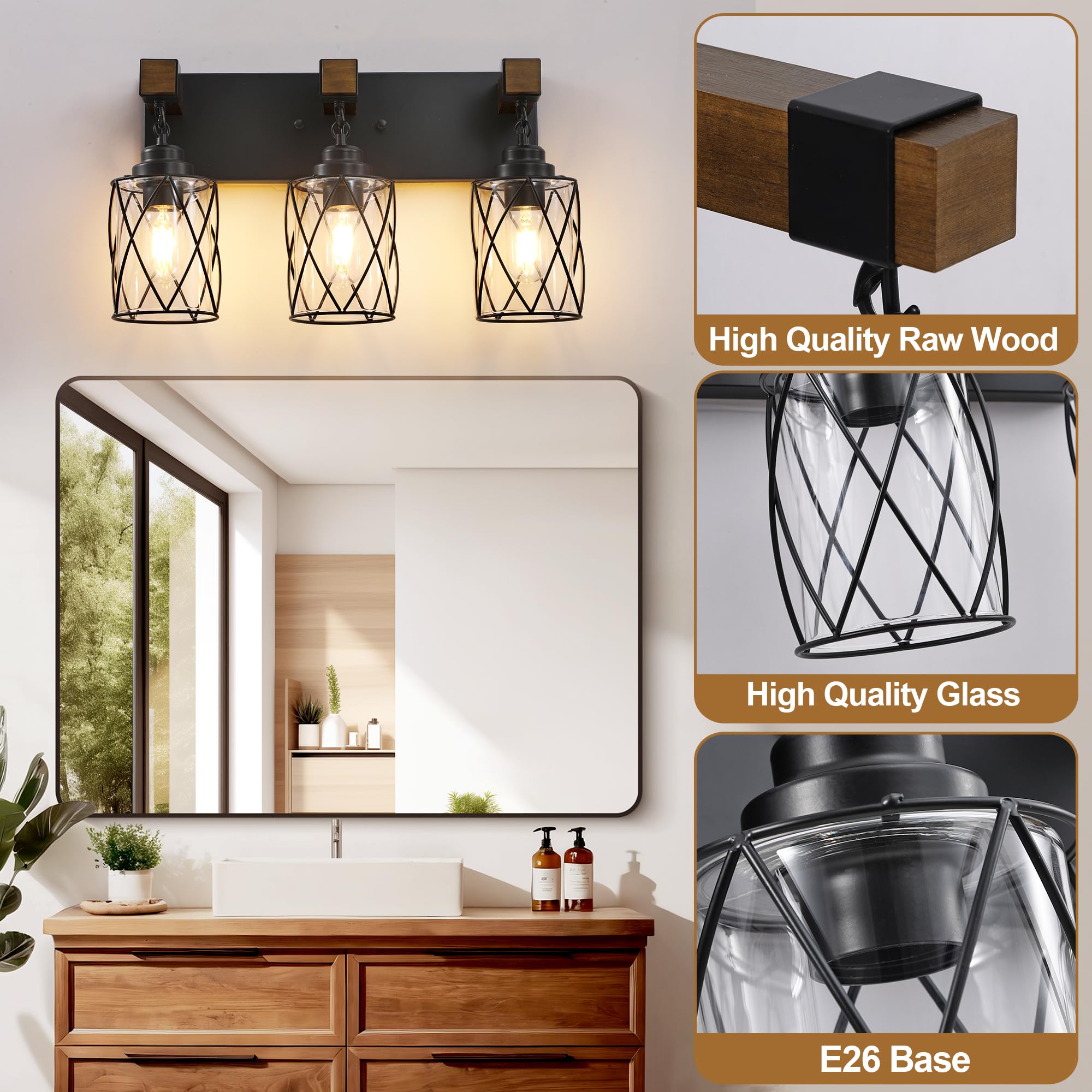 CmnVmn Farmhouse 3-Light Bathroom Vanity Light, Black Wood & Glass Sconces, Model C5009