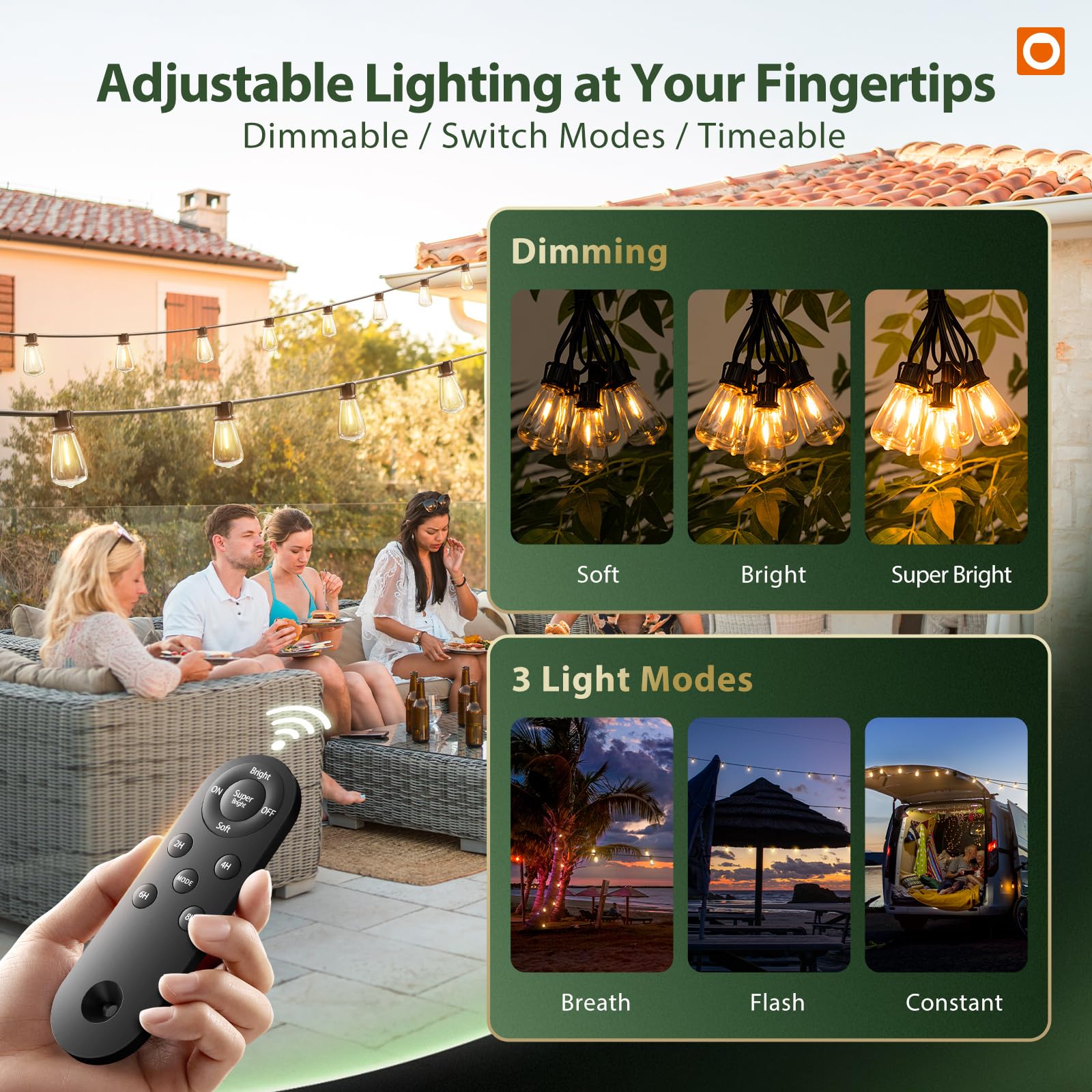 addlon Solar String Lights - 198FT (192+6) Waterproof, 60+4 LED Bulbs, Dimmable, Remote, Black, Model A090417040035