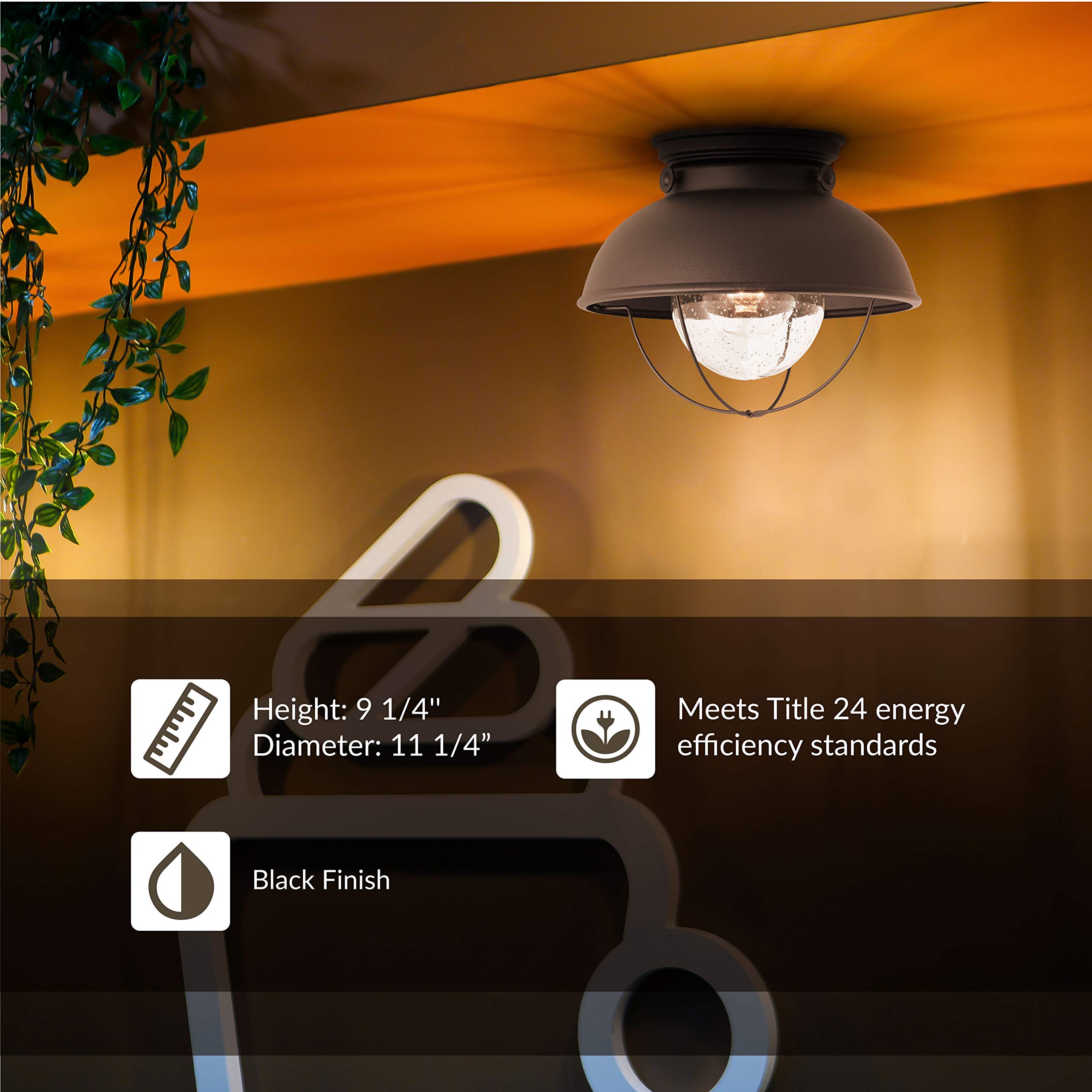 Sea Gull Lighting Outdoor Ceiling Flush Mount Fixture, One-Light, Black Finish, Model 8869-12, Metal