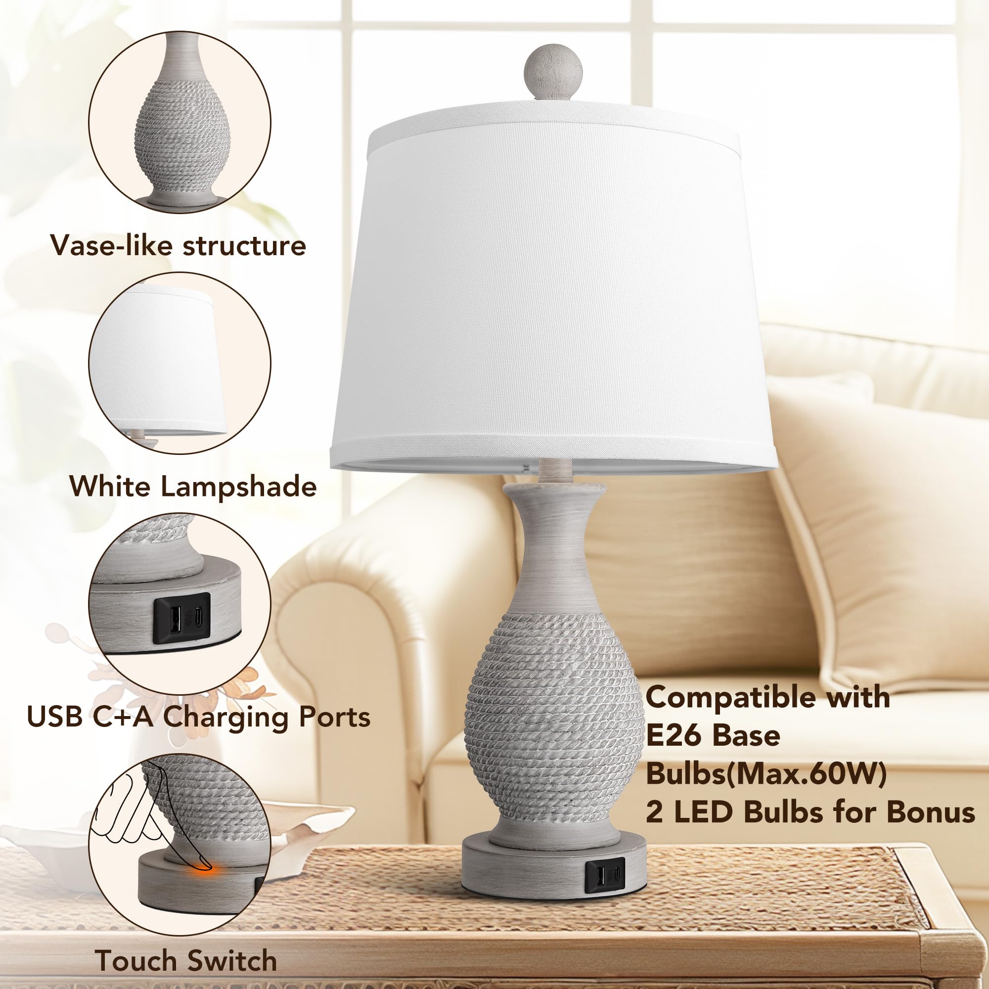 Partphoner Traditional Table Lamps Set Of 2, Bedside Touch Lamp With Usb C+A Charging Ports, Rustic Farmhouse Table Lamps For Li