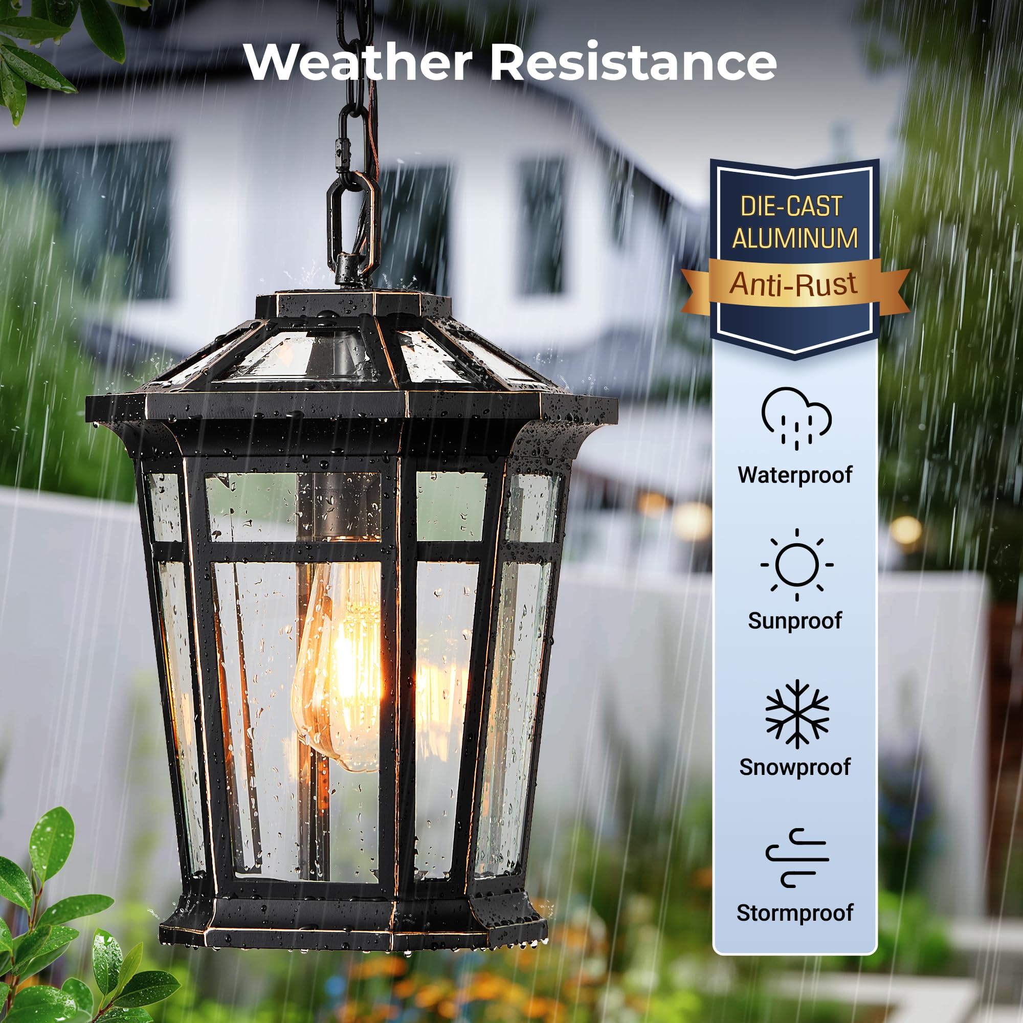 VIANIS Large Outdoor Pendant Light, Black & Gold Aluminum Chandelier, Adjustable Chain, Tempered Glass, Model V8309M