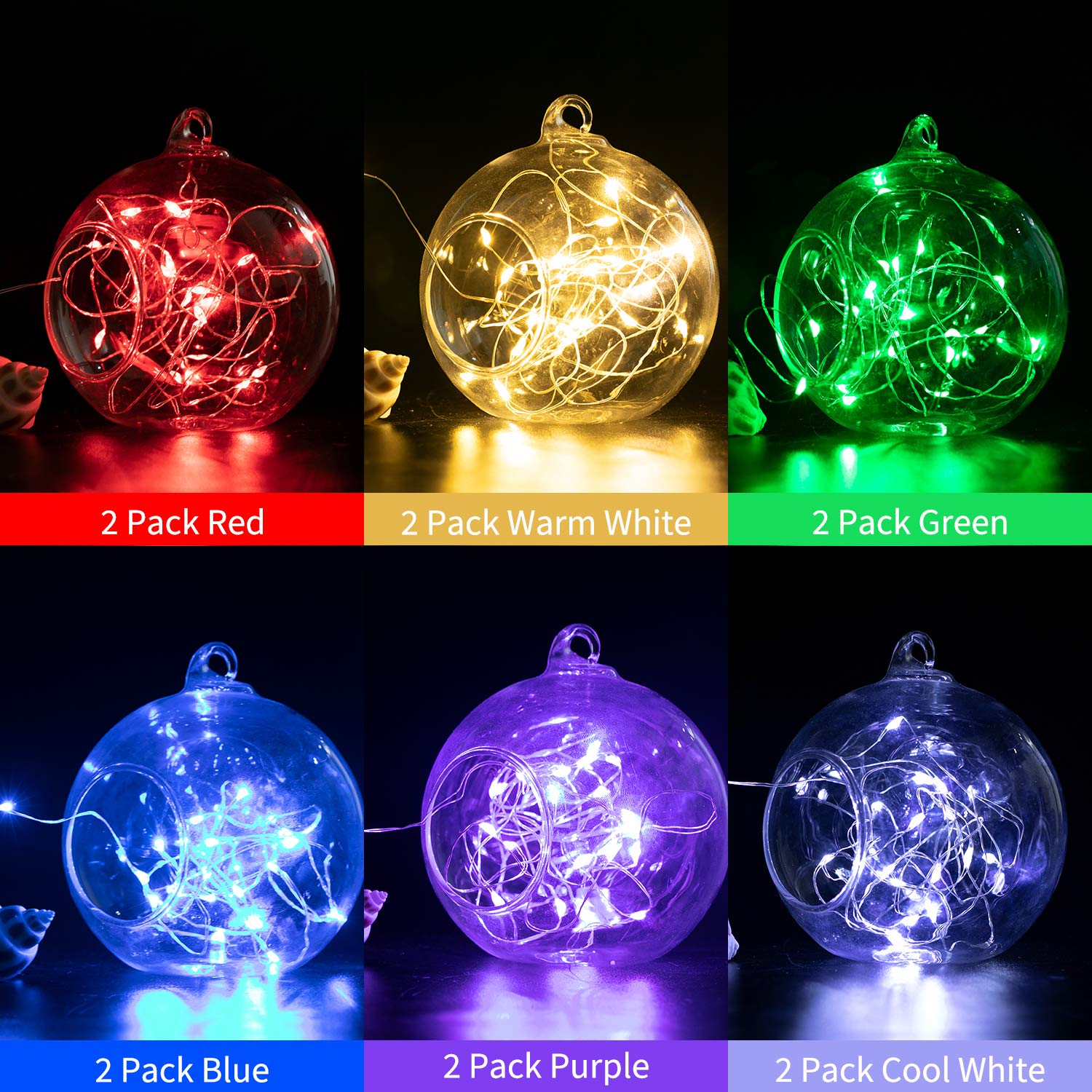 Brightown LED Fairy Lights - 12 Pack, 20 Lights, 7 Feet, Battery Operated, Waterproof, Multi Color, Copper Wire