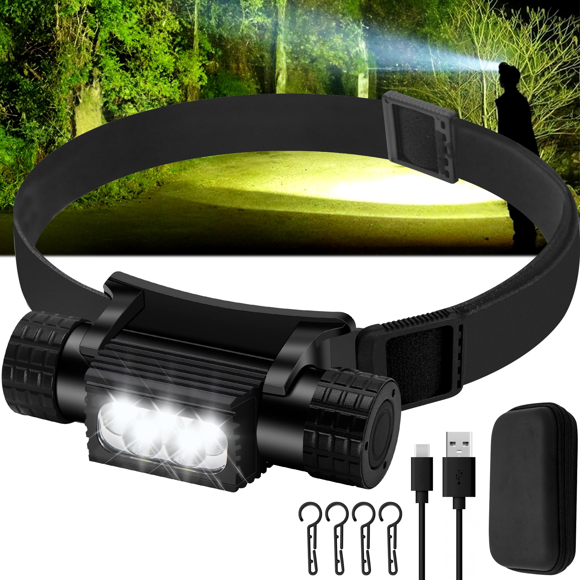 Headlamp Rechargeable, 2000 Lumen Super Bright Led Head Lamp For Adults, Ip67 Waterproof Rechargeable Headlight With 9 Modes, He