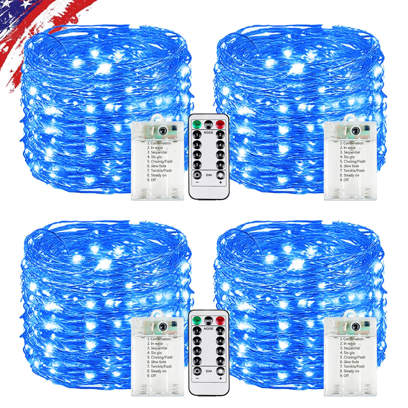 4 Pack Blue Fairy Lights Battery Operated with Remote  Waterproof 20FT 60LED Cuttable Twinkle Lights with Timer Indoor Outdoor  String Light for Bedroom  Classroom  Wedding  DIY  Christmas D?cor