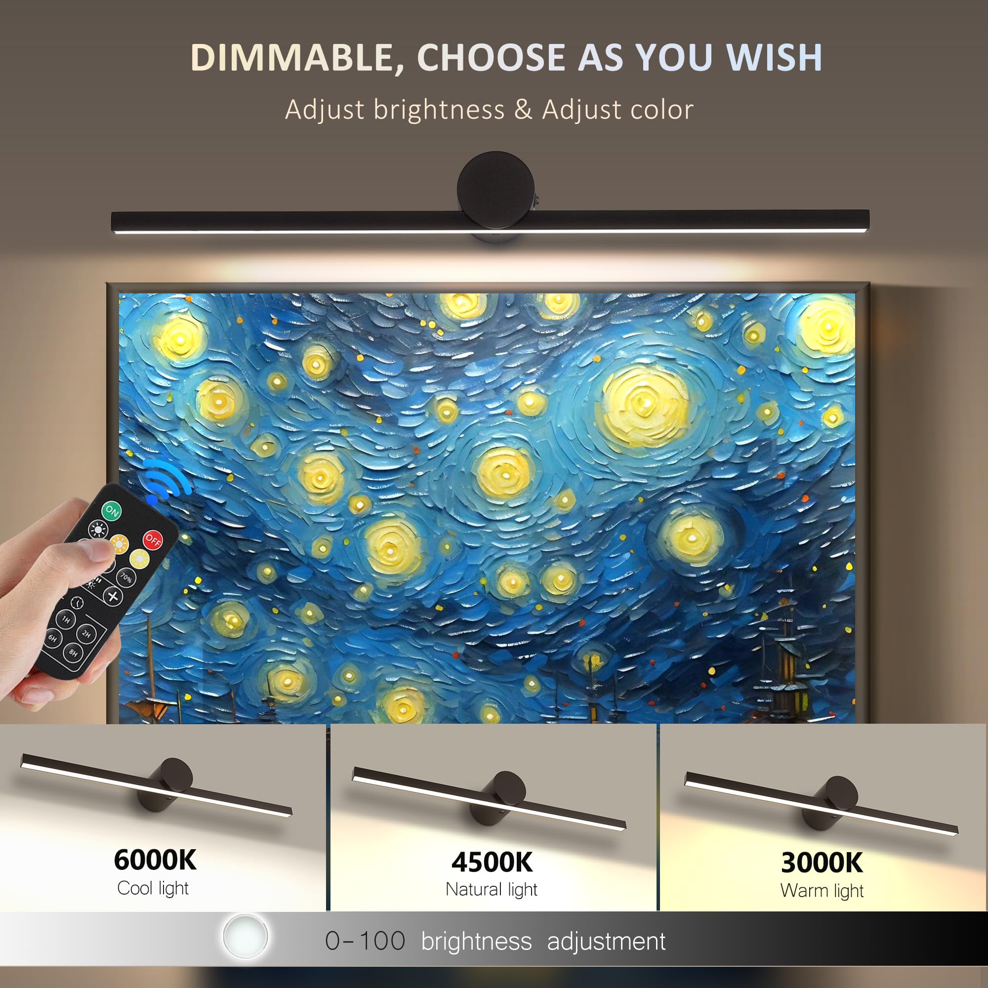 ZitoStory Battery Operated Picture Light, 23" Black Wireless Dimmable Art Light for Paintings, Rechargeable Gallery Lighting