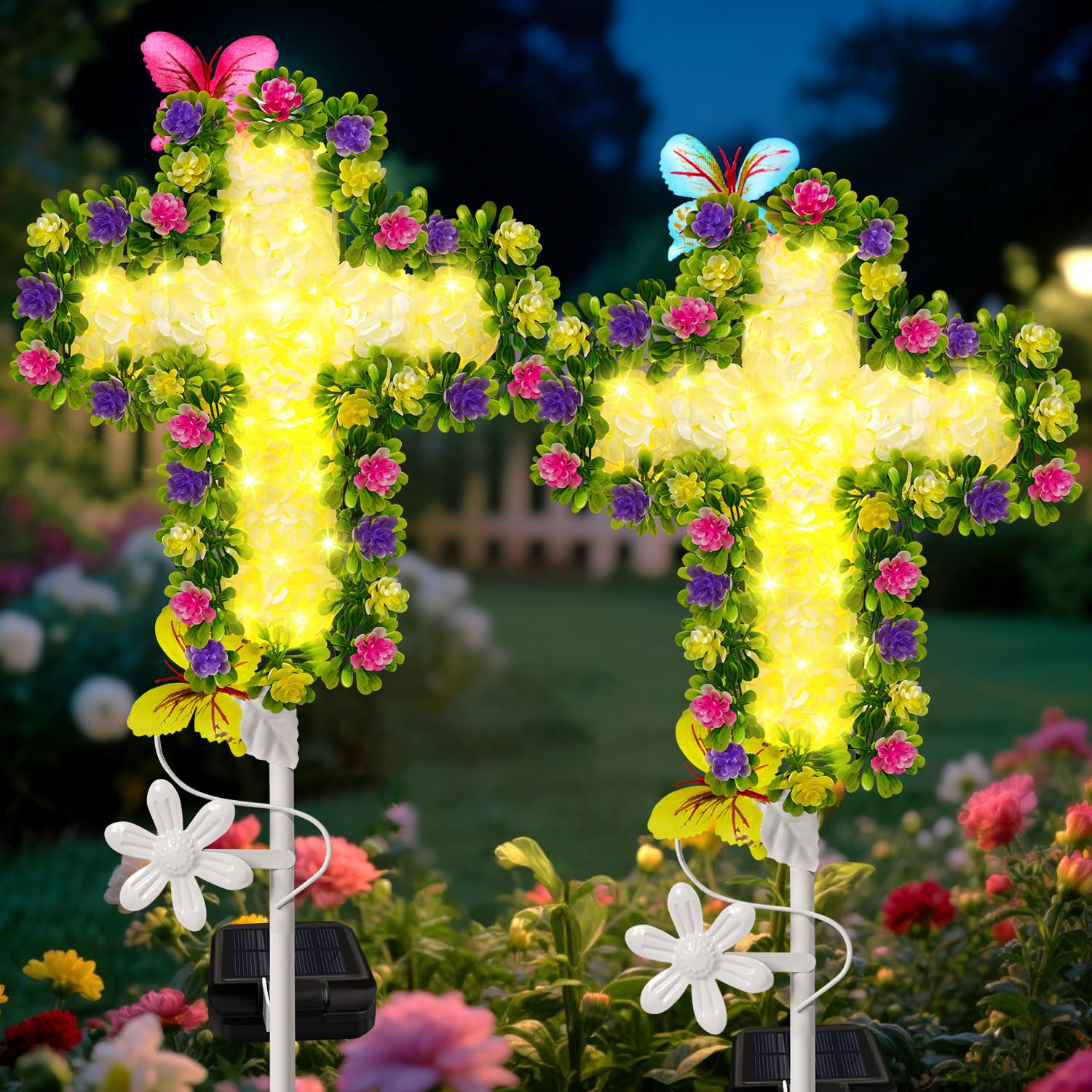 YJFWAL Solar Flower Cross - Cemetery Grave Decoration, Warm White Fabric, Model: White Flower Cross-1