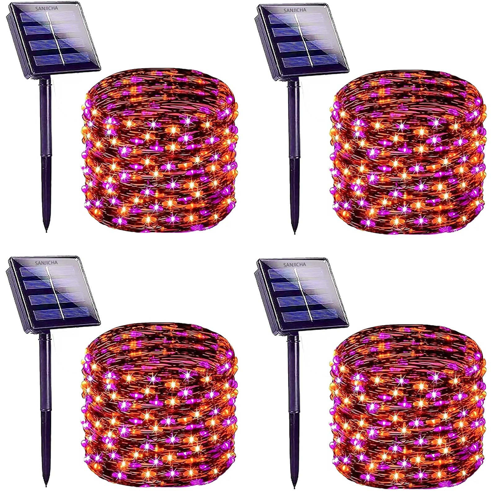 SANJICHA Orange and Purple Solar Halloween Lights Outdoor Waterproof, 4-Pack 132 FT 400 LED Solar String Lights Black Wire 8 Mod