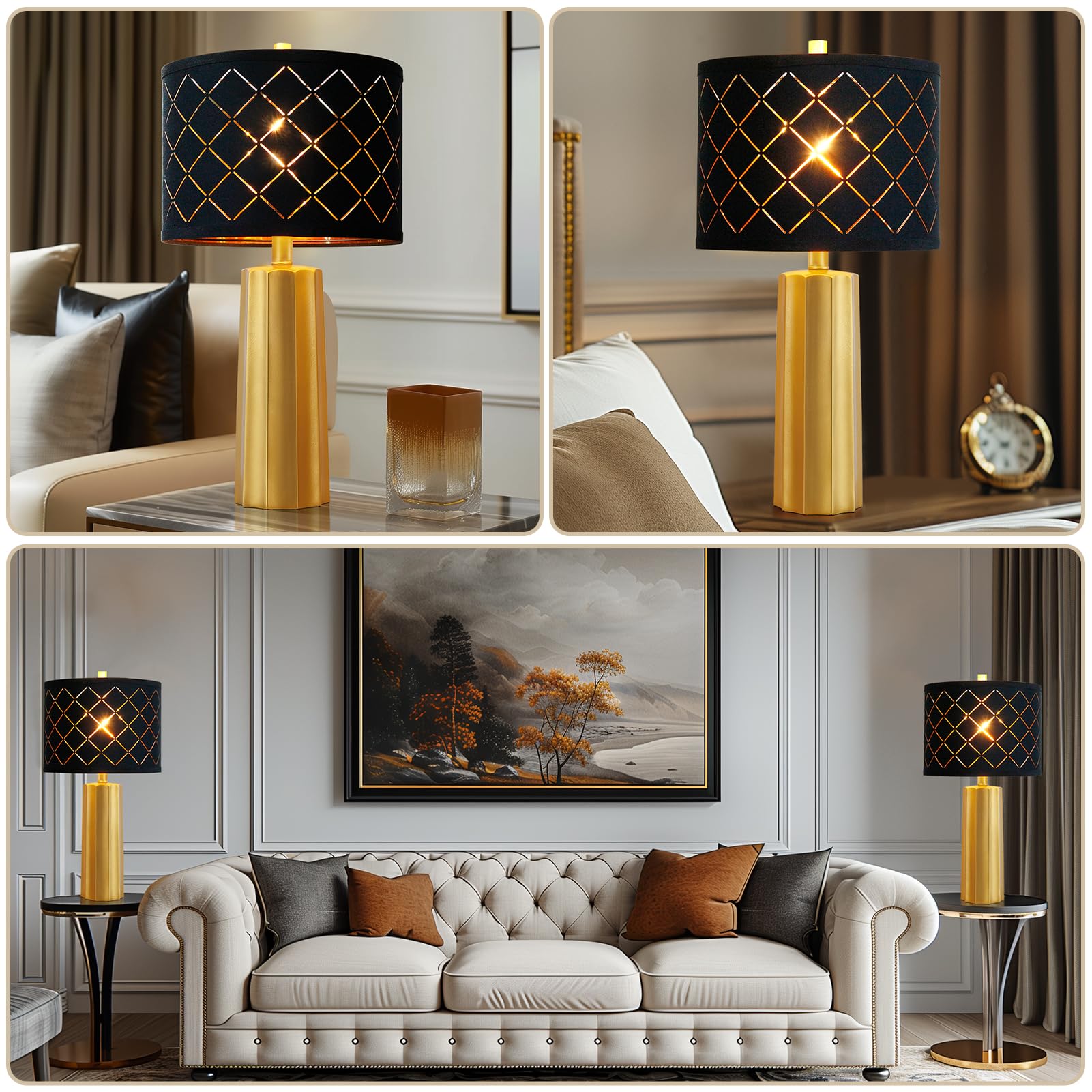 RORIANO 24" Set of 2 Gold Black Grid Table Lamps, Modern Resin Nightstand Lamps, Model LM8929, Includes 2 Bulbs