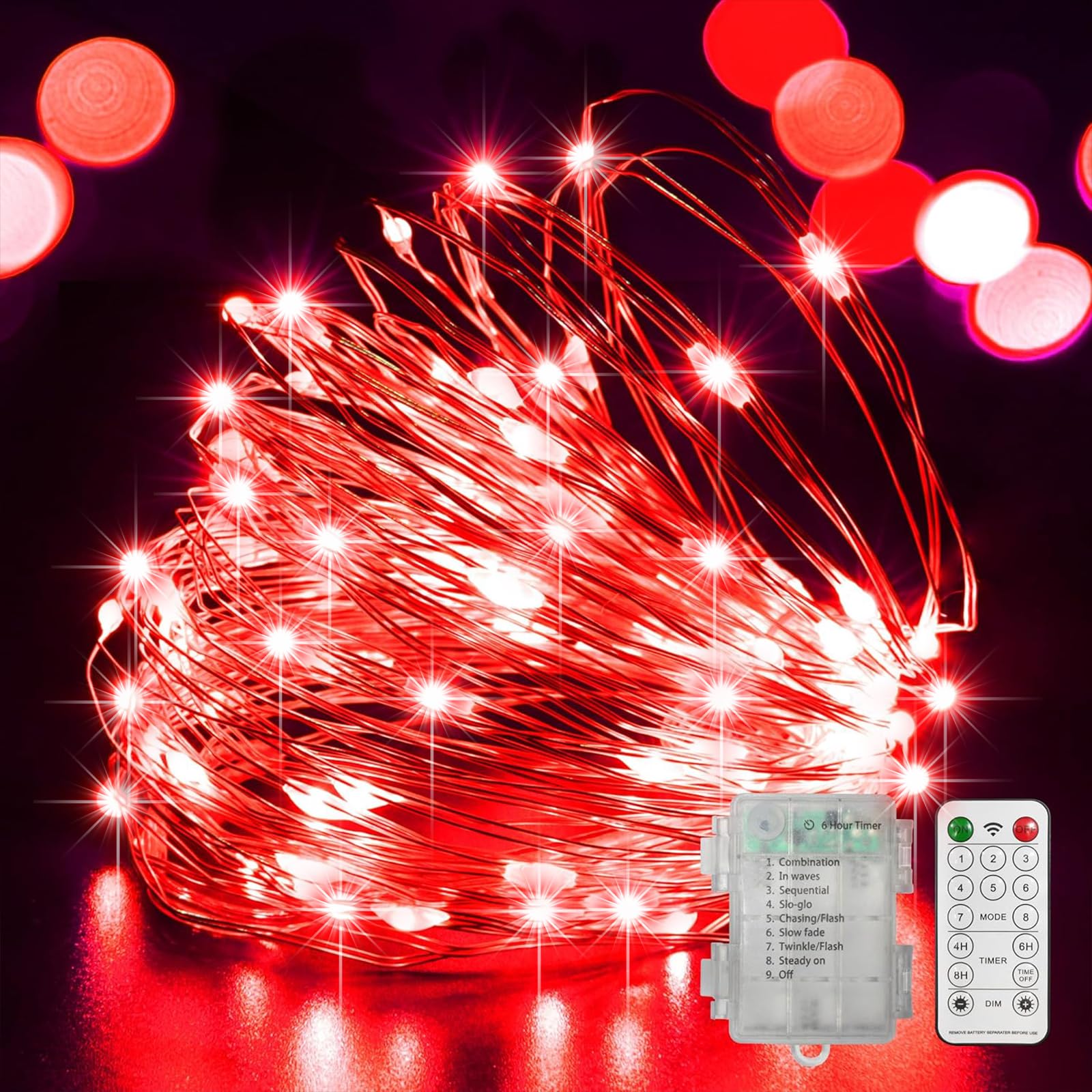 LAMPHOME 100 LED 33FT Red Valentine Lights  Valentines Day Fairy Lights Battery Operated  Twinkle String Light Multi Functions & Timer with Remote for Christmas Bedroom Wedding DIY Centerpiece Decor