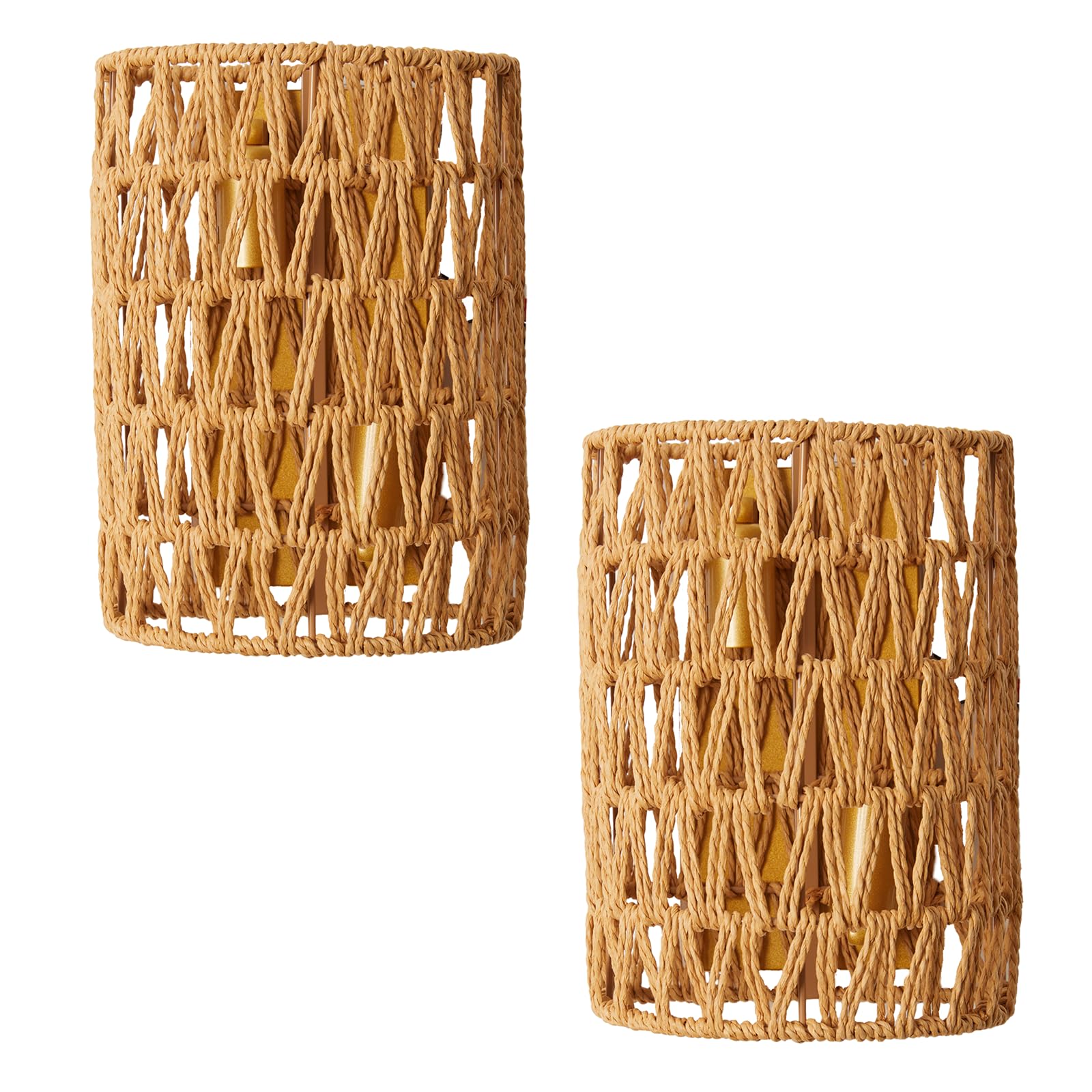 LightInTheBox Boho Wall Sconces Set of 2, Hardwired Rattan Wall Sconce with Natural Woven Fiber Shade, E12 Base Wall Lamp for Be