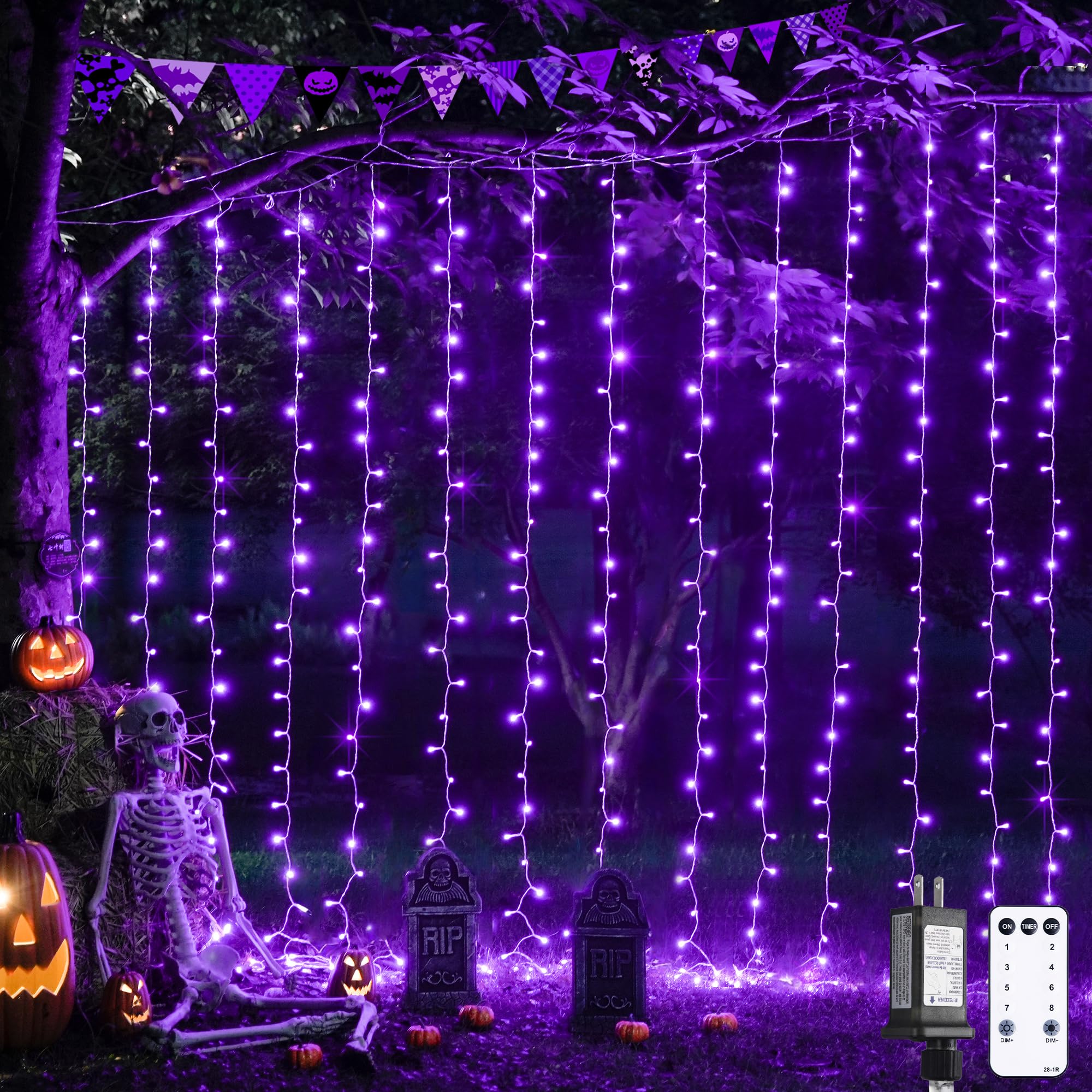 JMEXSUSS 300 LED Christmas Curtain Lights, Purple, 8 Modes, Plug-in, Model EXS-C-0300-R, Plastic Fabric, for Party Decorations