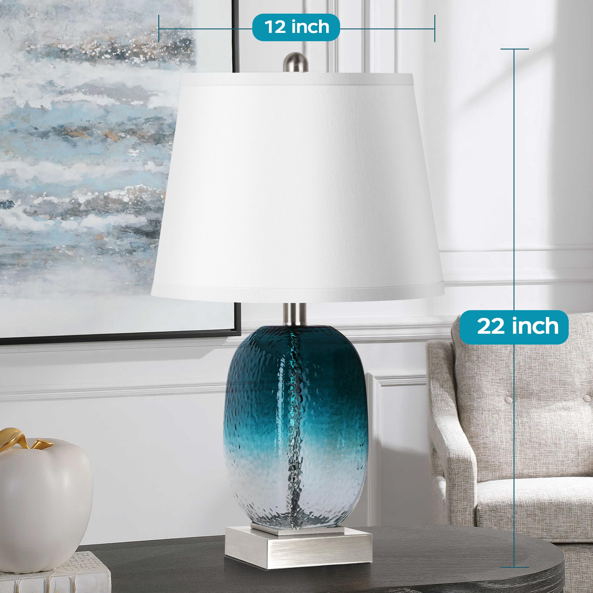 Partphoner Table Lamp Set Of 2 - Touch Control, 3-Way Dimmable, Teal Glass, Usb Ports, Led Bulbs Included, Modern Coastal Design