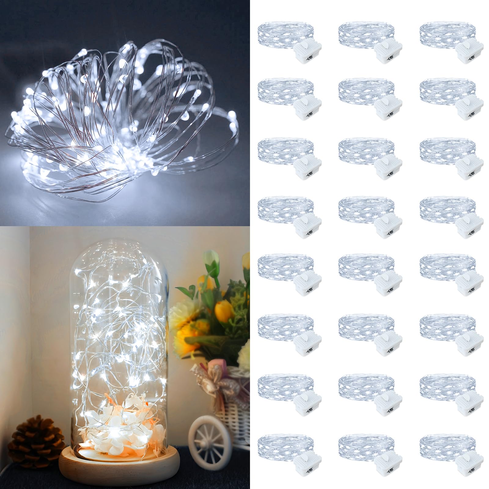 Yooumoga Fairy Lights, 7FT Waterproof Silver Wire String Lights, Battery Operated, 20LED, 24 Pack, White