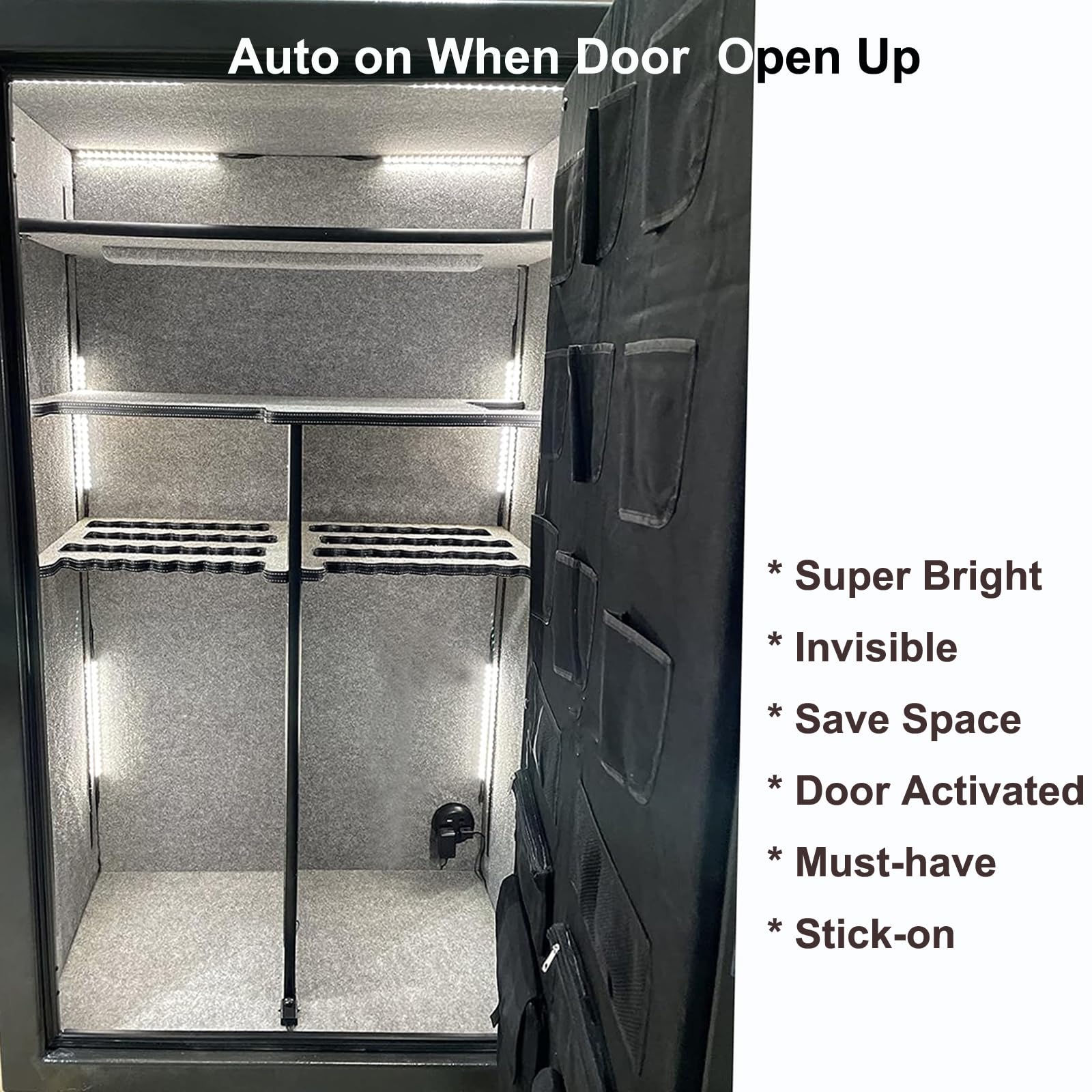 Door Activated Safe Light Kit, 6 Pack 12 Inch 5000K Black Led Safe Lighting Kit With Power Adapter, Self-Adhesive - Ideal For Sa