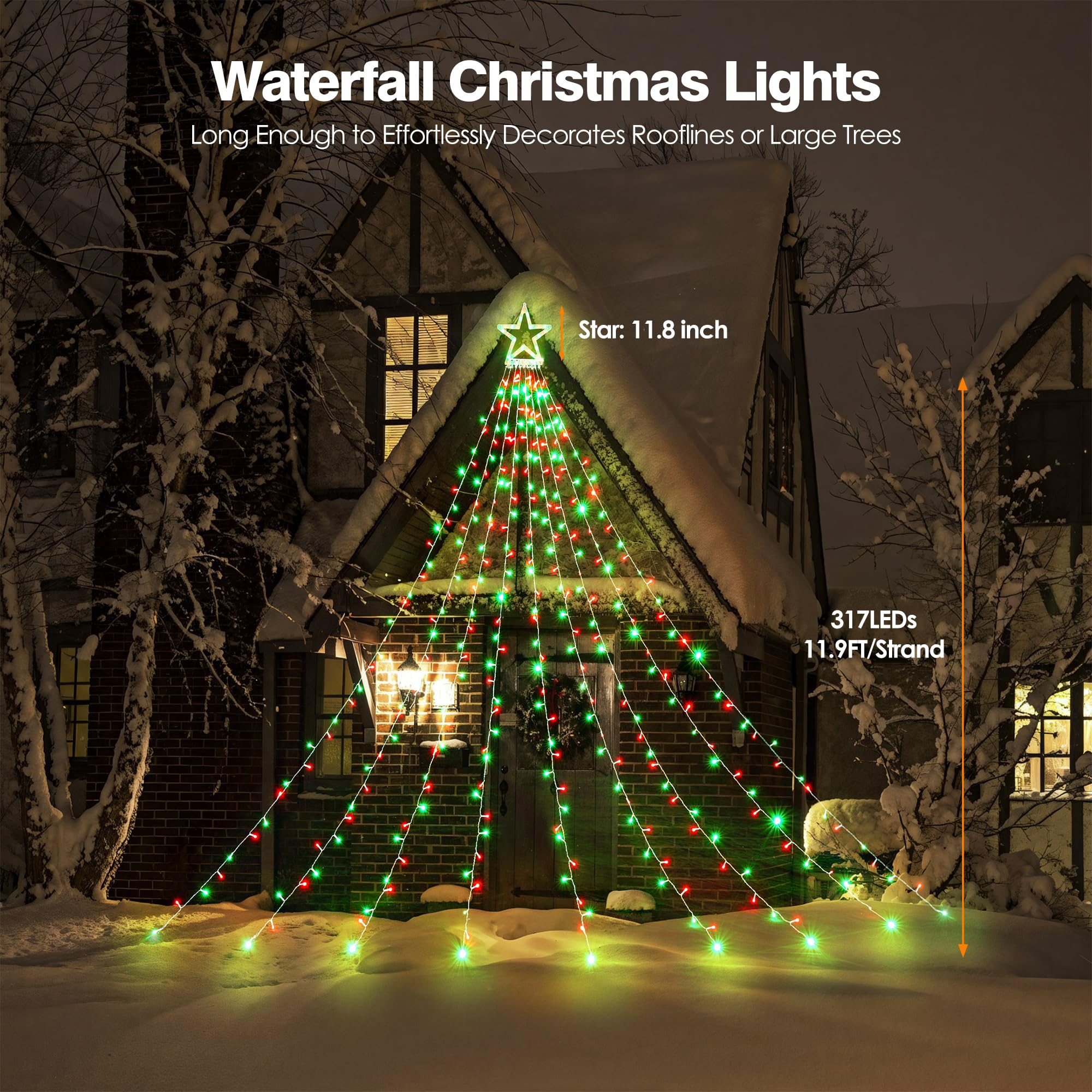 Blctec Outdoor Christmas Decorations 317 Leds Christmas Lights With 9 Strands 11.9Ft Waterfall Christmas Tree Lights  8 Modes  Waterproof  Topper Star & Timer For Yard Patio Xmas D?Or  Red Green