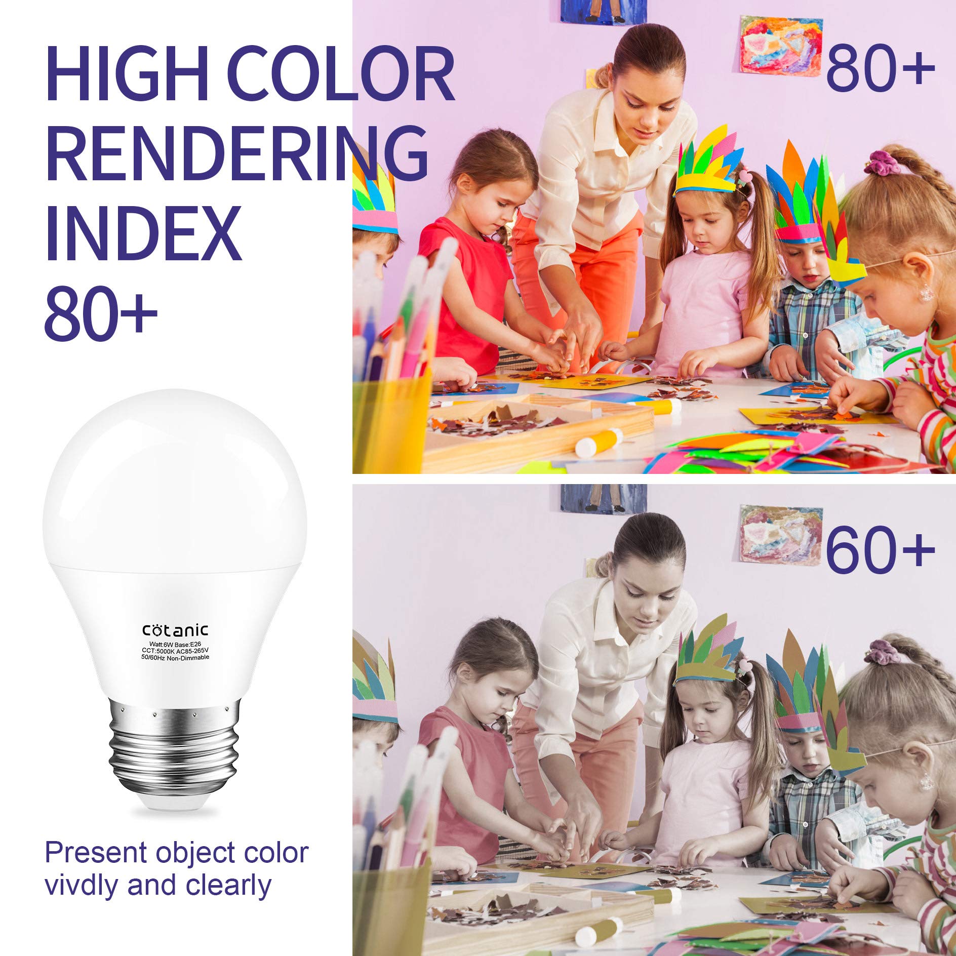 Cotanic A15 LED Ceiling Fan Light Bulb, 5000K Daylight, 6W (60W Equivalent), 600lm, Non-Dimmable, 6 Pack, Wide Beam