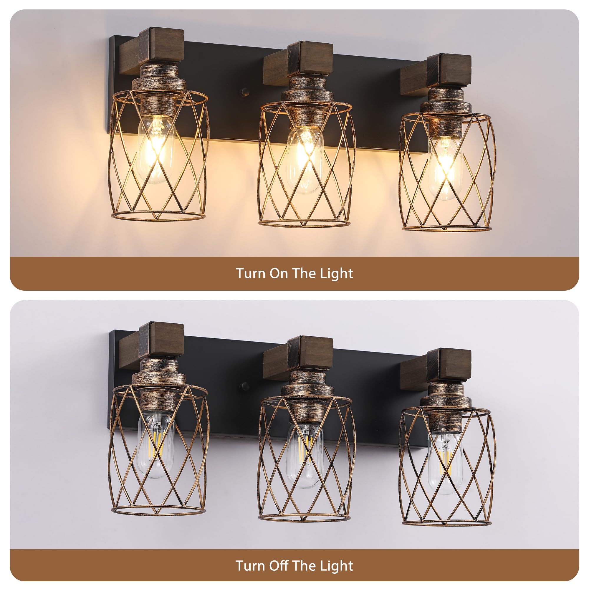 XvmBvm Farmhouse Bathroom Vanity Light - 3-Light Metal Fixture, Black Gold, Model X3015-G-3 for Rustic Lighting in Bathroom, Living Room, Hallway