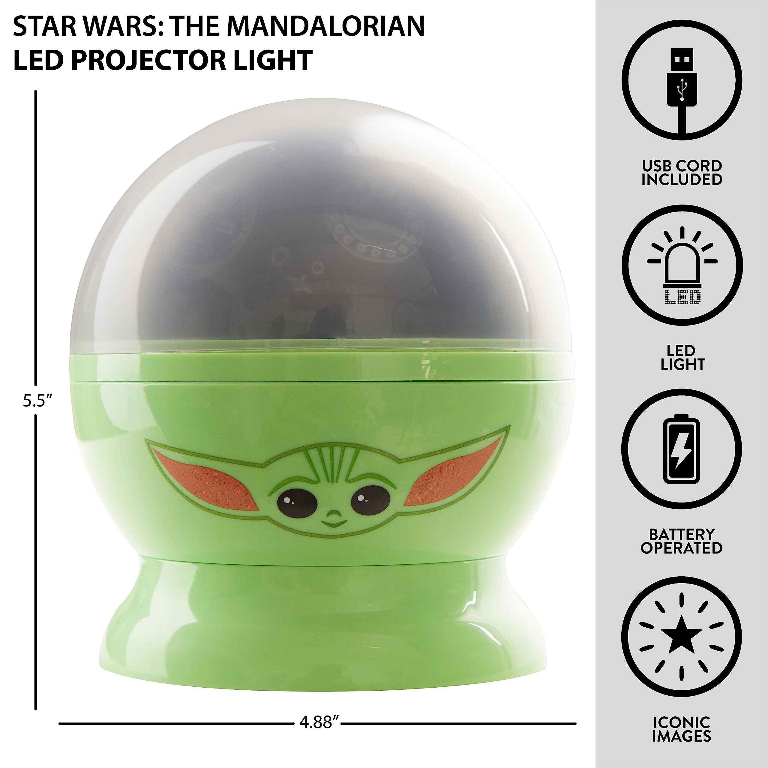 Idea Nuova Kids Lamp - Star Wars The Mandalorian Grogu LED Projection Nightlight, 4.88"x4.88"x5.5", Plastic
