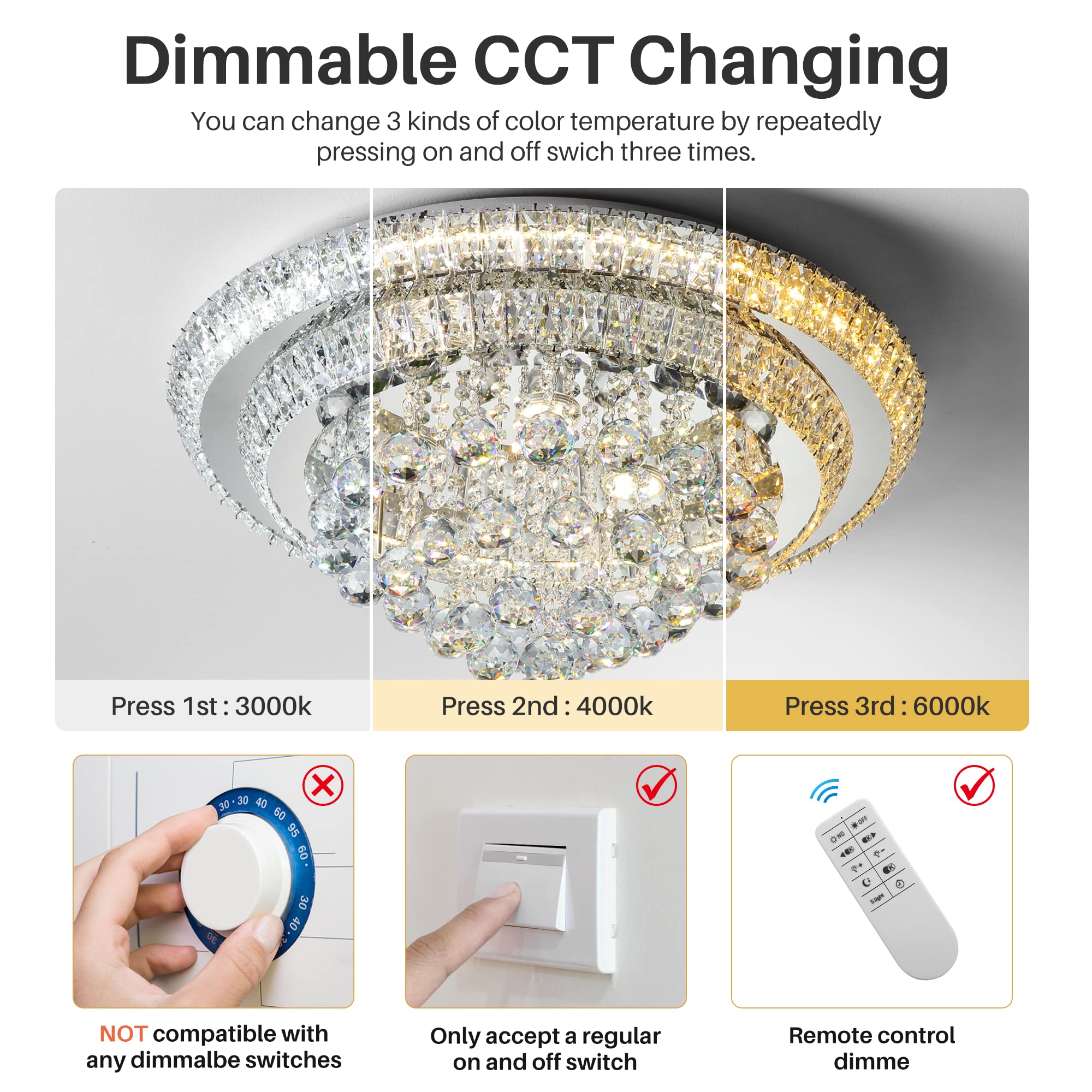 Miuyhji 24" LED Crystal Raindrop Flush Mount Chandelier Light Fixture - Dimmable, Silver, SUS304/K9 Crystal for Living Room, Kitchen, Bedroom