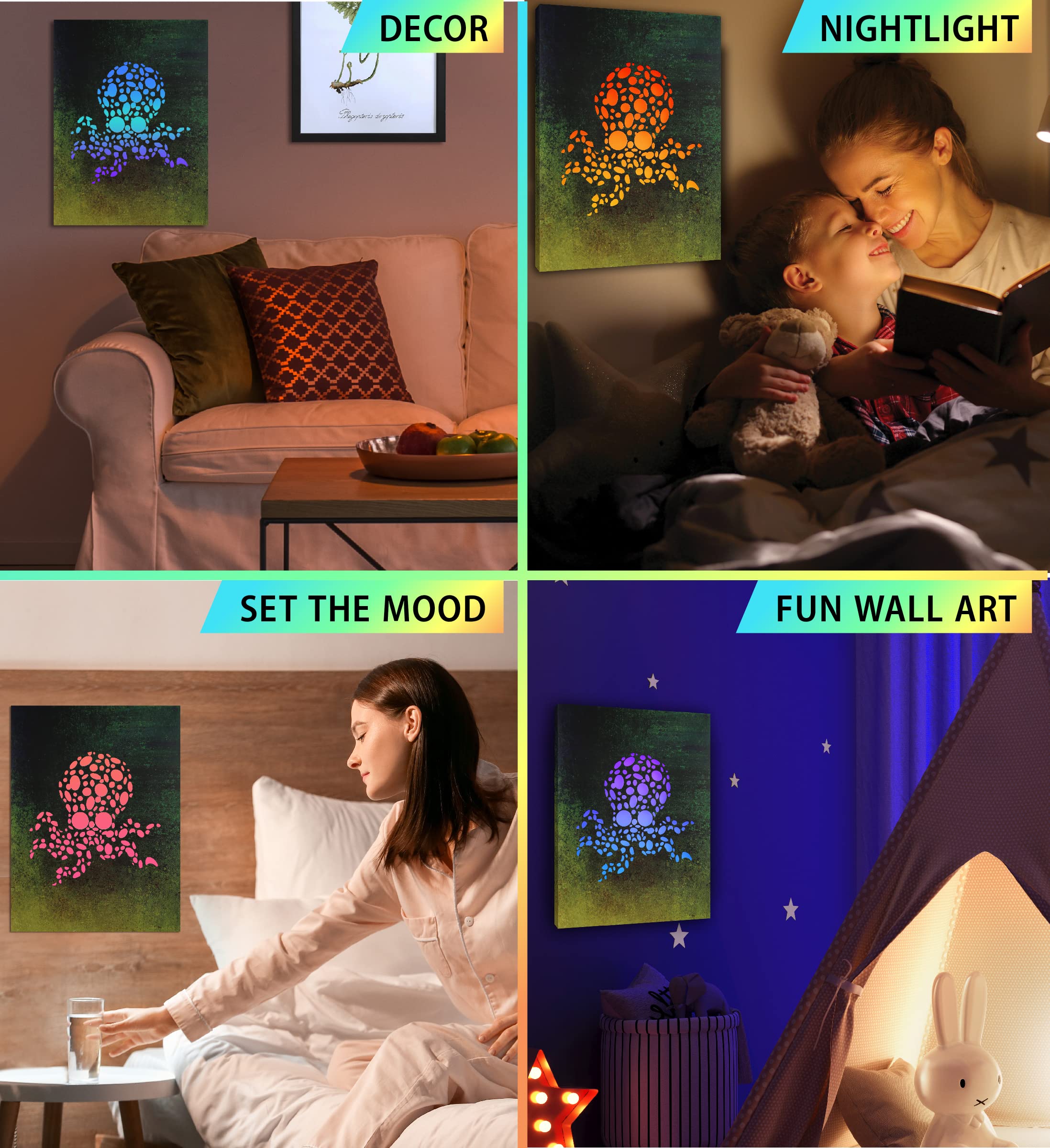 Cota Global Octopus Light Up Led Wall Art - Fun Changing Color Led Light Up Picture Art For Bedroom, Modern Wall Hang Living Roo