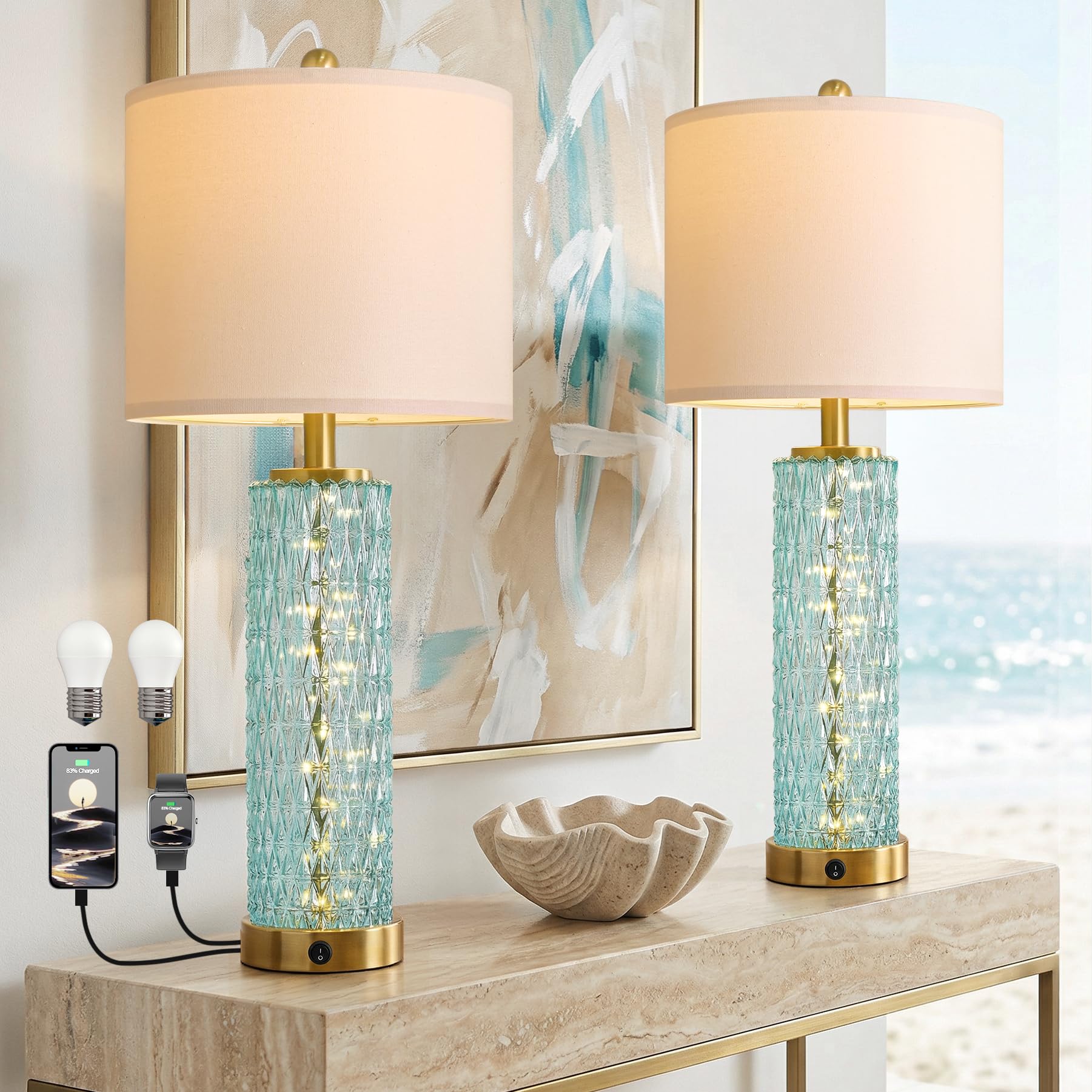 Oneach 27.75 Coastal Table Lamps Set of 2  Clear Blue Bedside Lamp with Glass Nightlight  USB A+C  Unique Desk Lamps for Living Room  Bedroom  Nightstand  End Table (2 Bulbs Included)