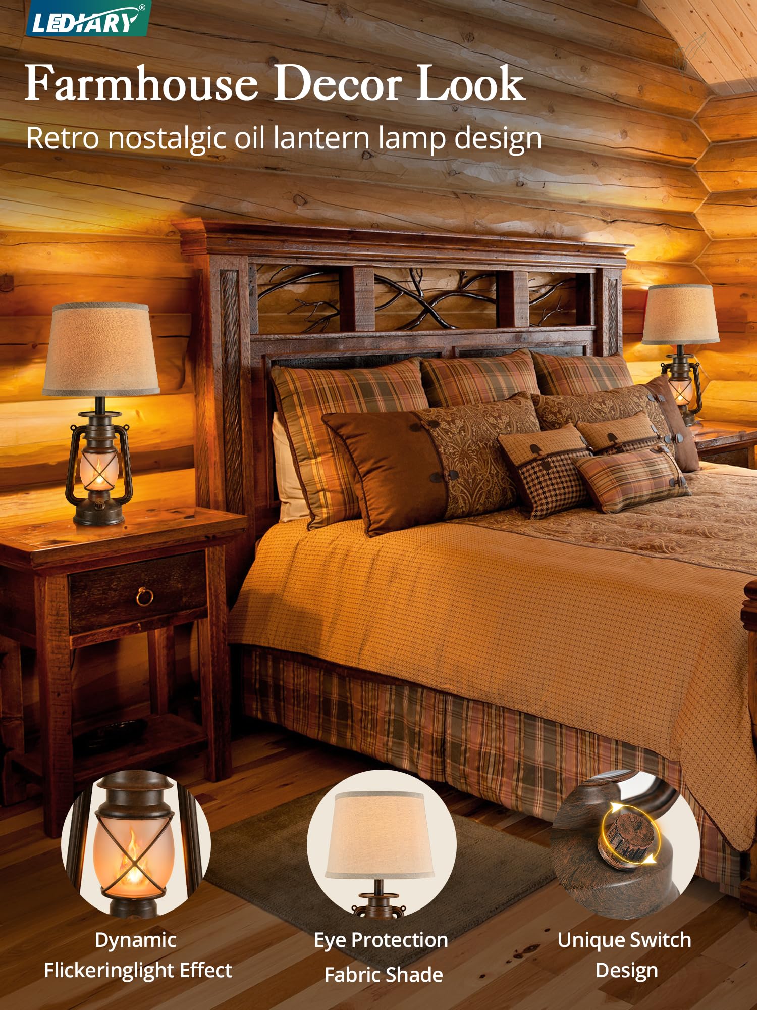 Lediary 18.72&quot; Led Vintage Lantern Flickering Flame Table Lamps For Bedrooms Set Of 2, Small Farmhouse Rustic Vintage End Table Lamps, Halloween Decorative Lantern Bedside Lamps For Living Room