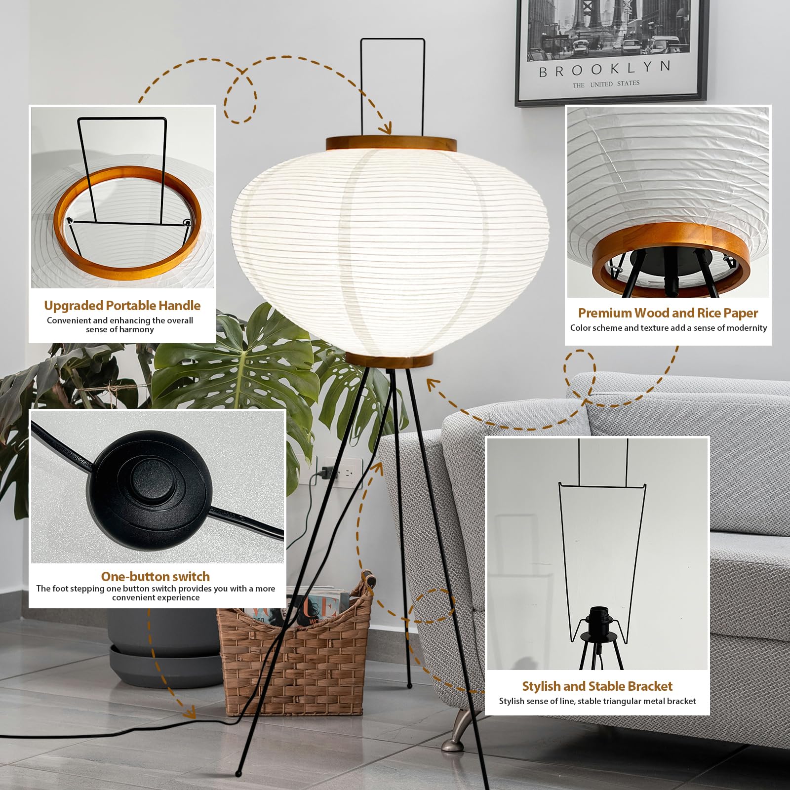 Paper Floor Lamp Noguchi Style Lamp, Rice Paper Akari Floor Lamp, Paper Lantern Lamp With Washi Paper Shade, Ideal For Bedside,