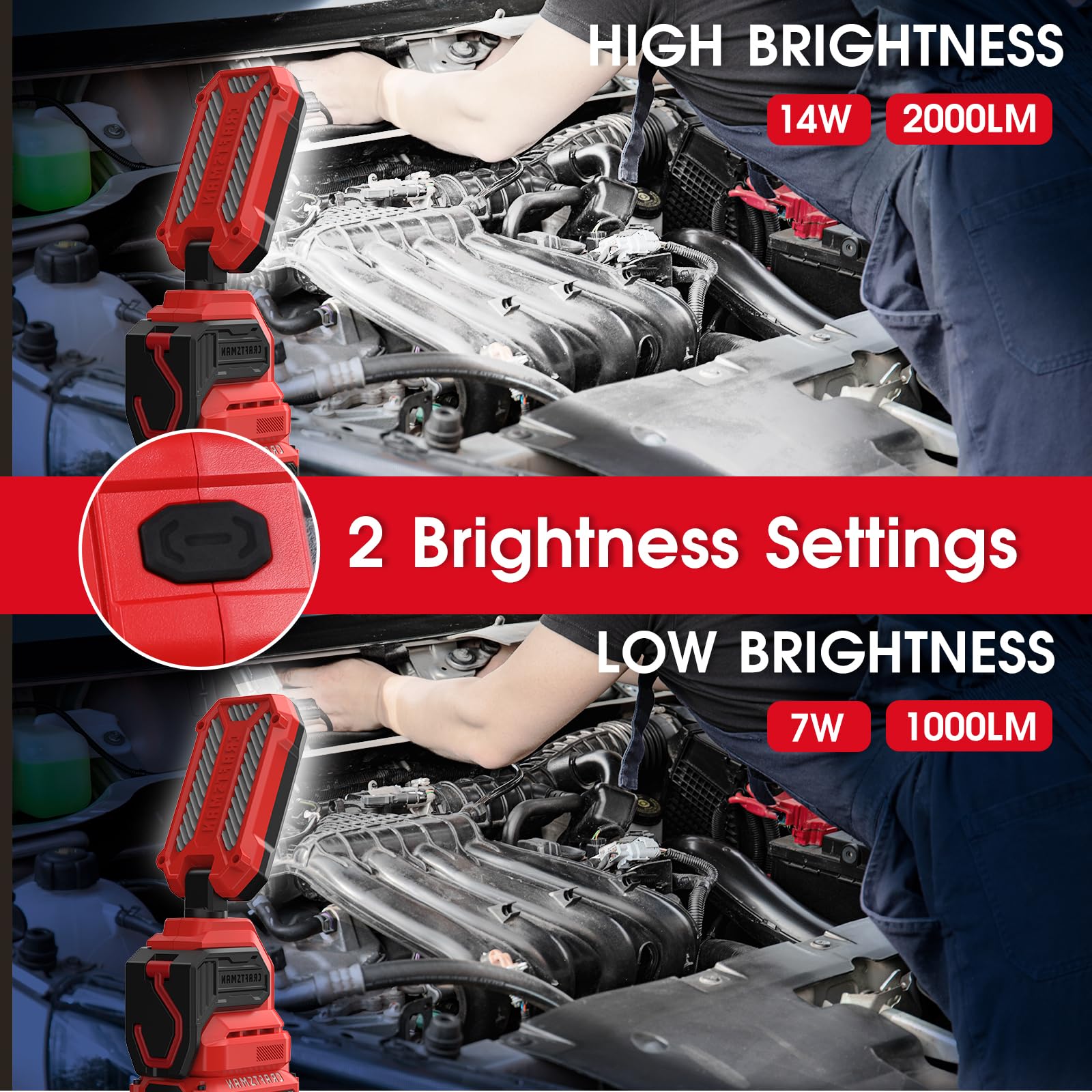 Craftsman V20 6500K Led Rechargeable Work Light, 2000Lm &1000Lm 2 Brightness Settings, Hook And Clamp For Multiple Mounting Opti