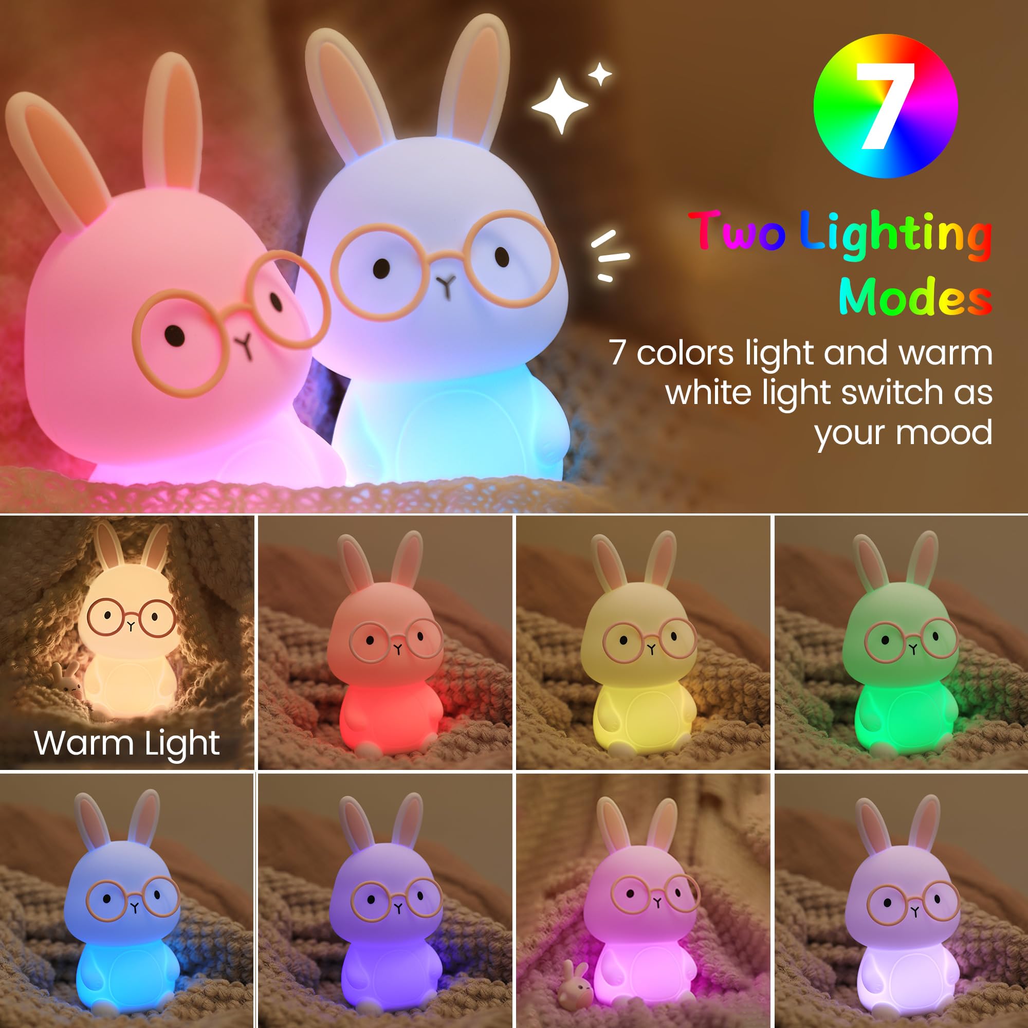 FAMIDUO Bunny Night Light, Rechargeable LED Rabbit Lamp, Silicone, Color Changing, 3 Levels Dimmable, White-Gray, Model XR-MM-L2414